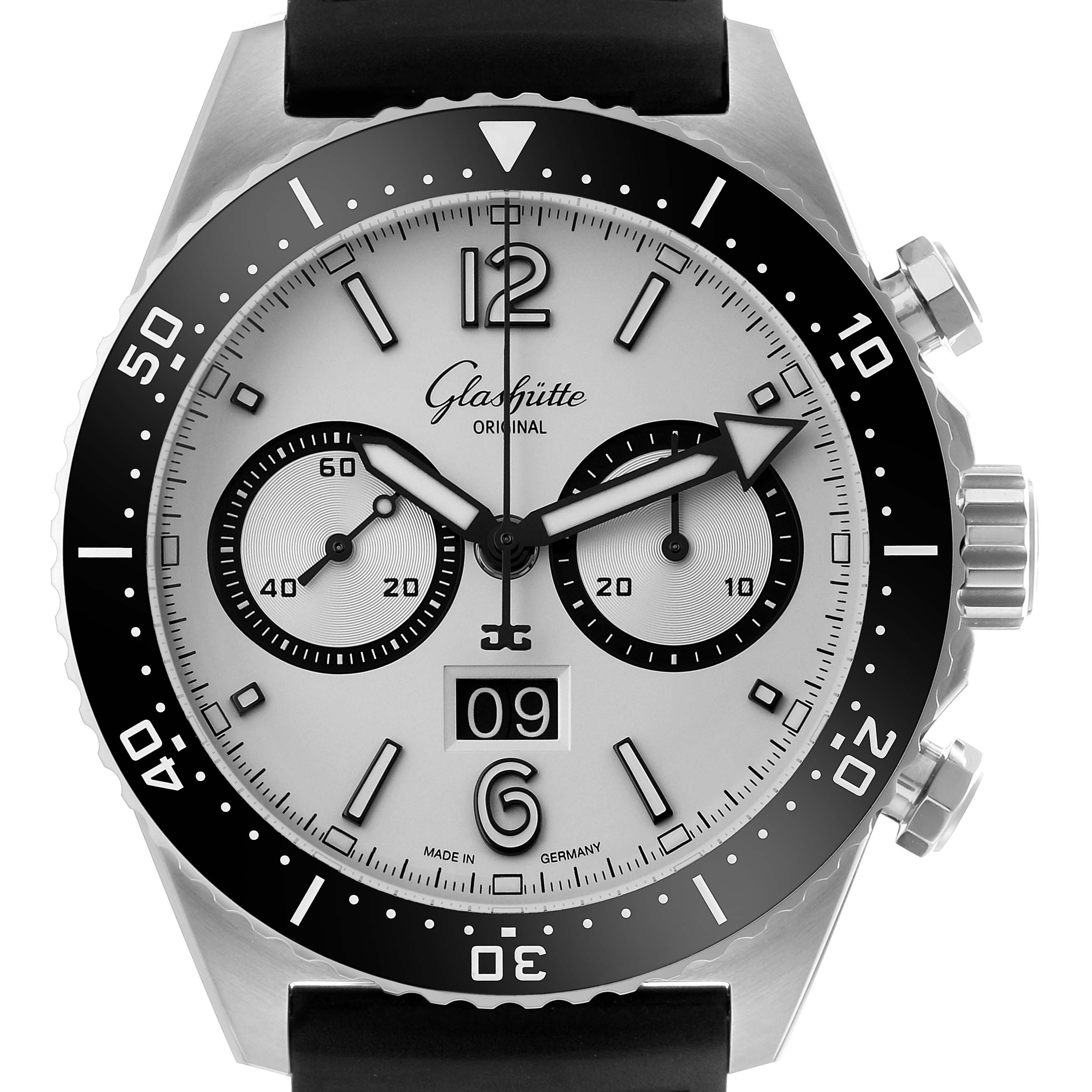 The Glashütte Original watch is shown from the front, highlighting the dial, bezel, and crown.