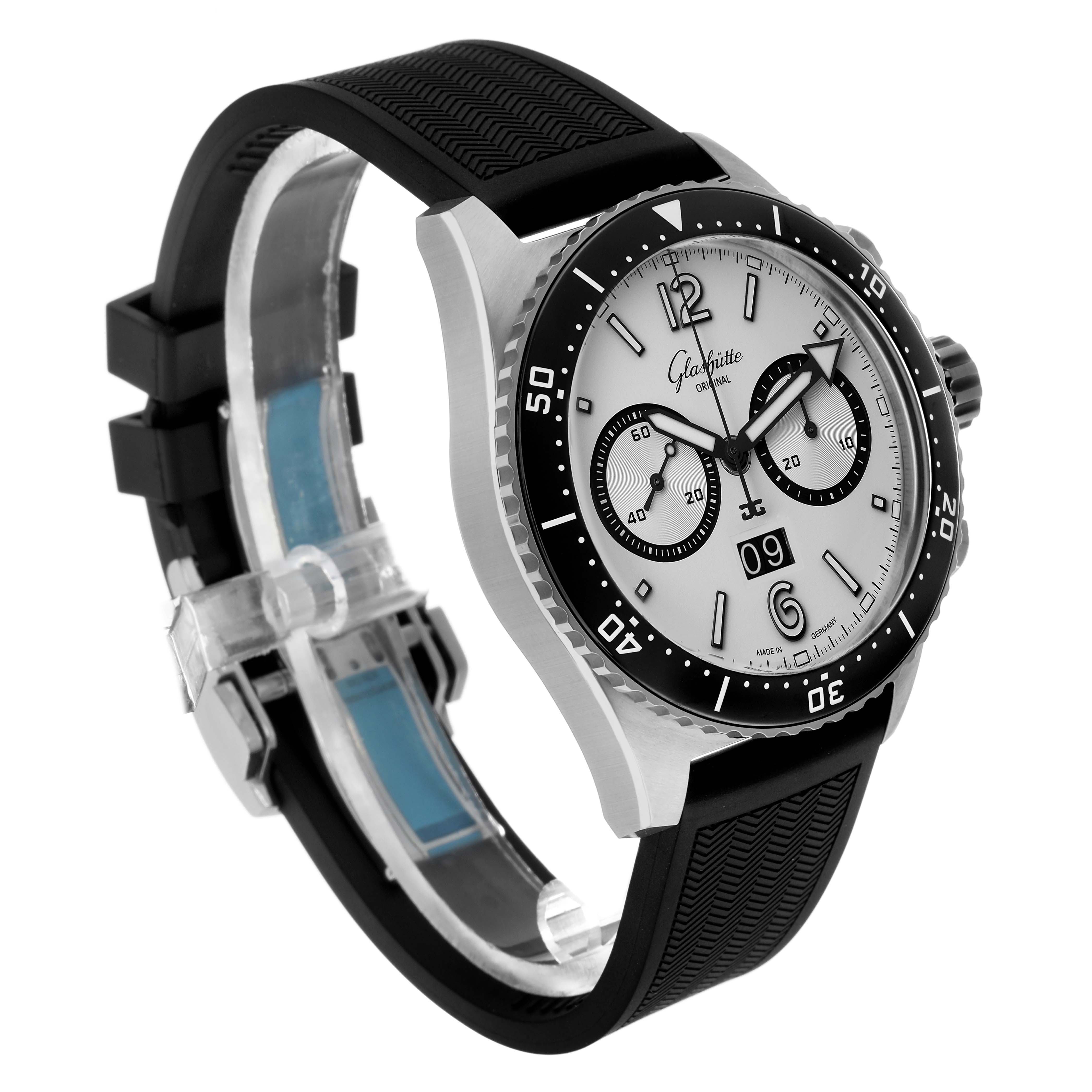 The Glashütte Original watch is shown at a three-quarter angle, displaying its face, bezel, crown, and black strap.