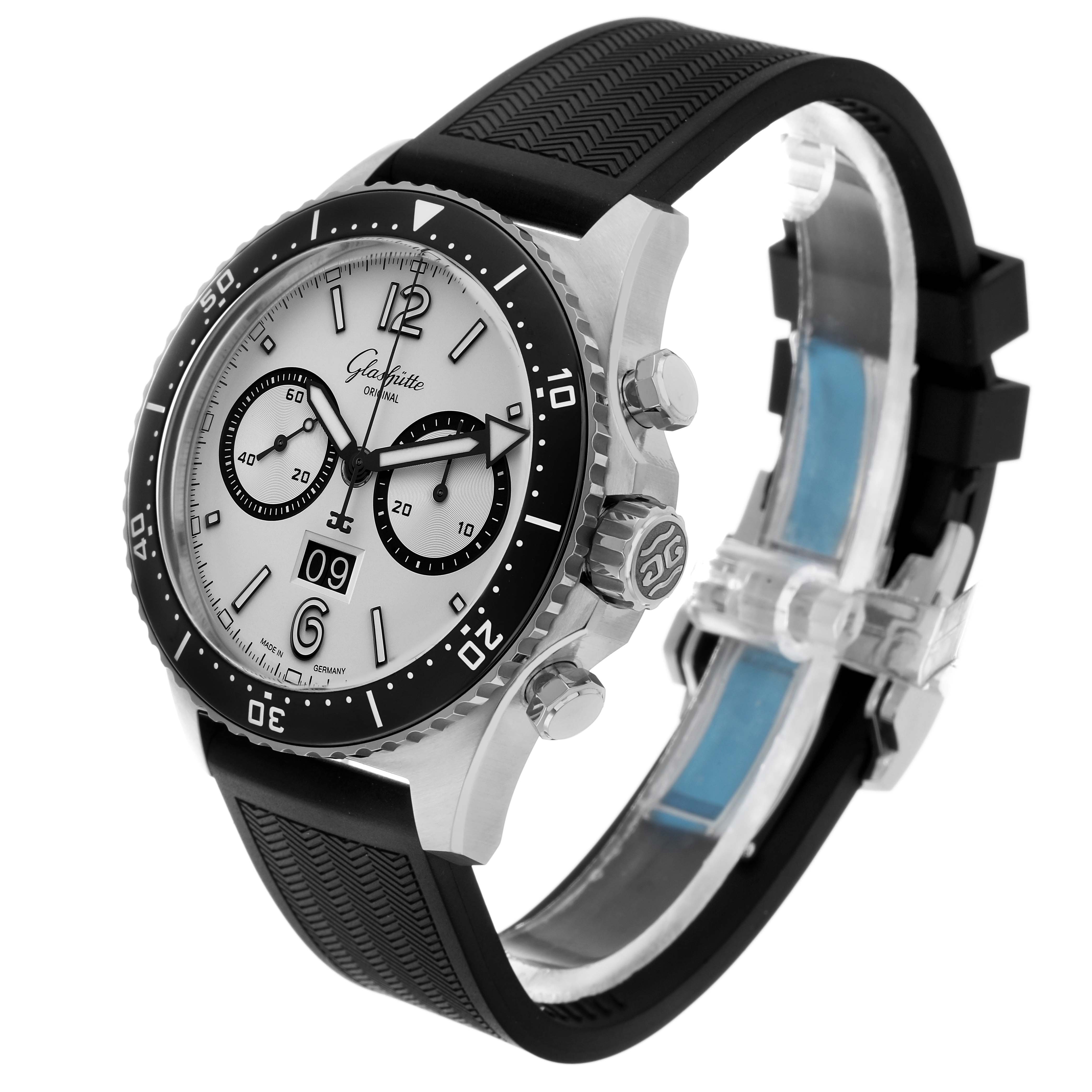 The Glashütte Original watch is shown at a front angle, highlighting the dial, bezel, crown, and strap.