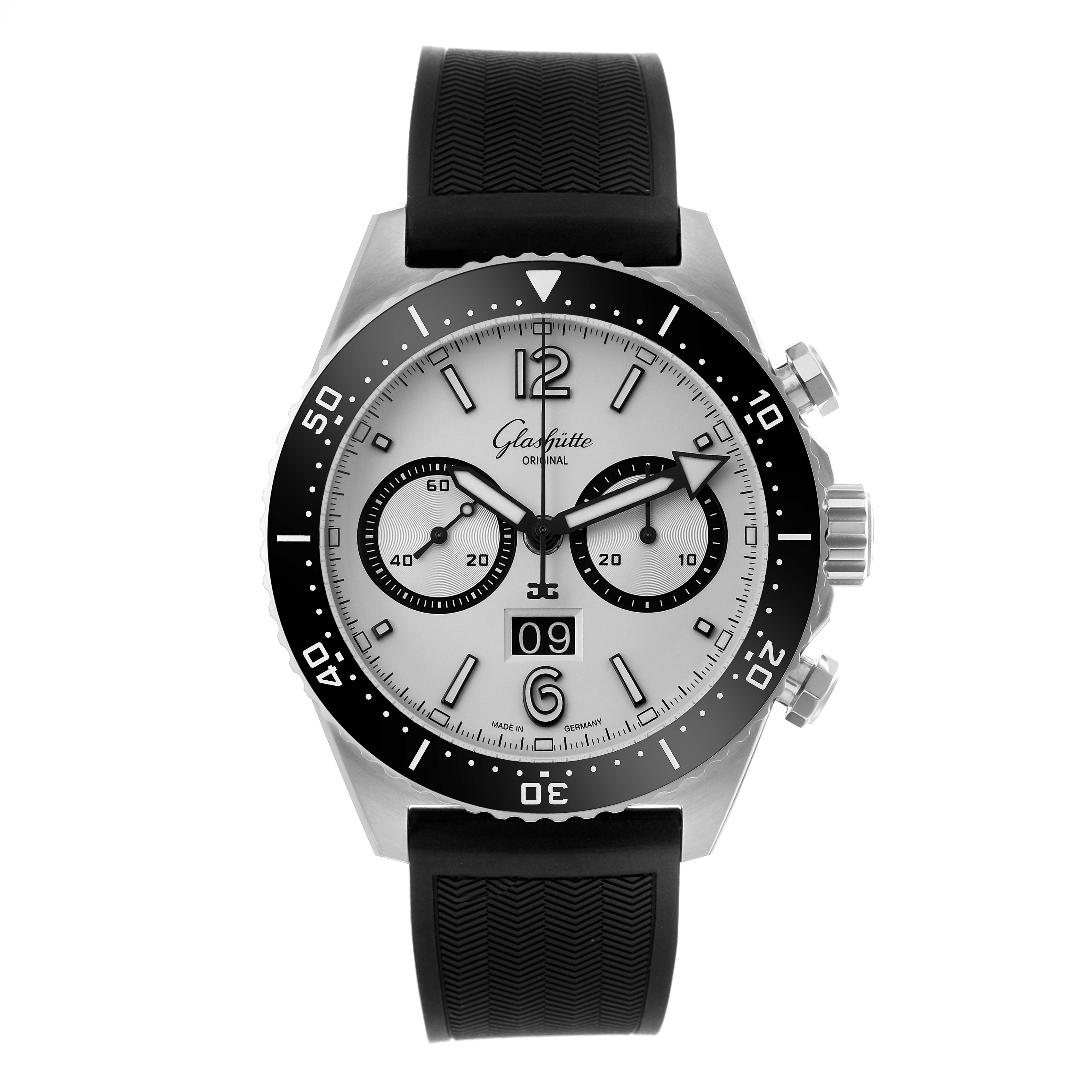 The Glashütte Original model is shown from a front angle, displaying the dial, bezel, crown, and chronograph sub-dials.