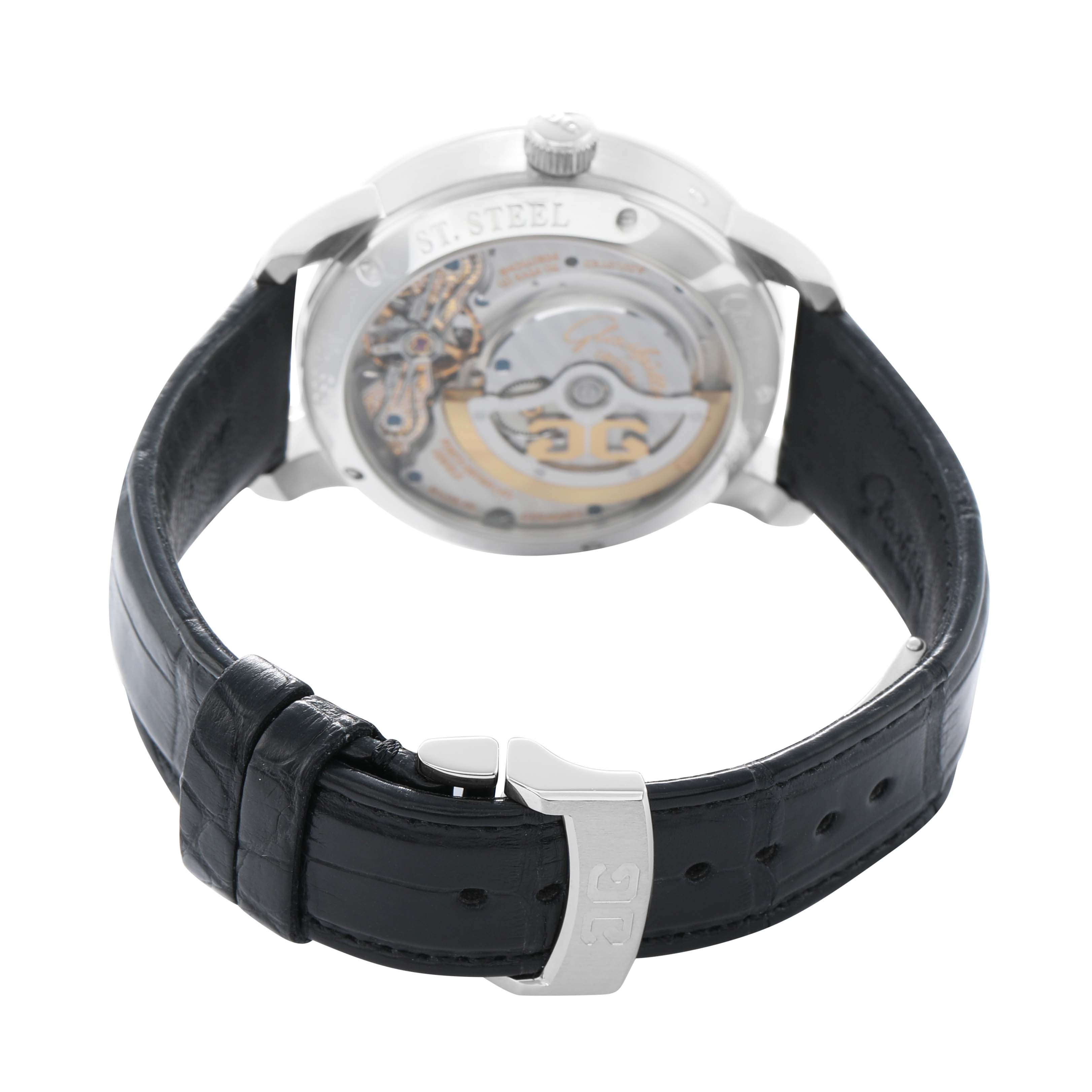 The image shows the back of a Glashütte Pano watch, highlighting the transparent case back and movement details.