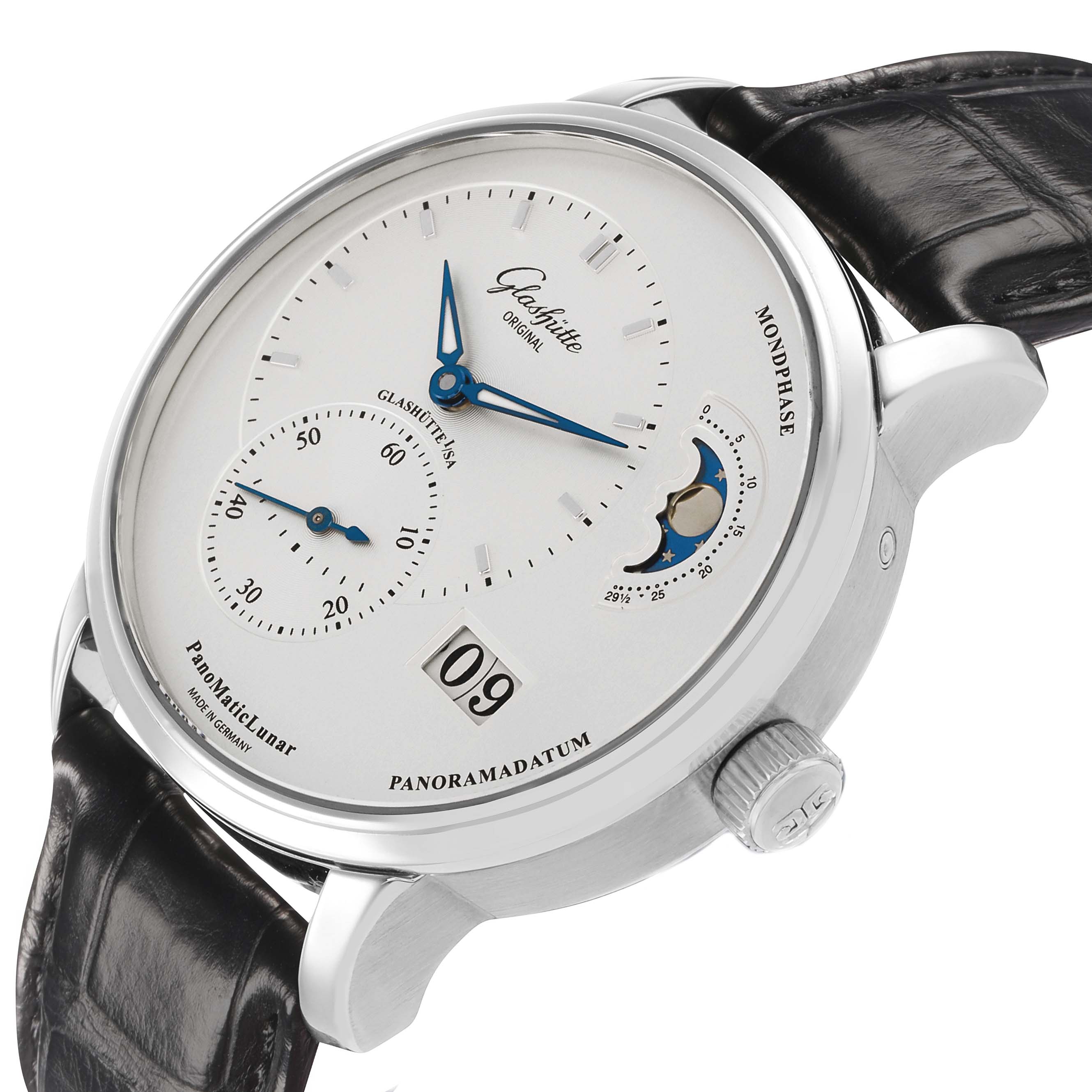 The Glashütte Pano model is shown at an angle displaying its face, moon phase, and side crown.