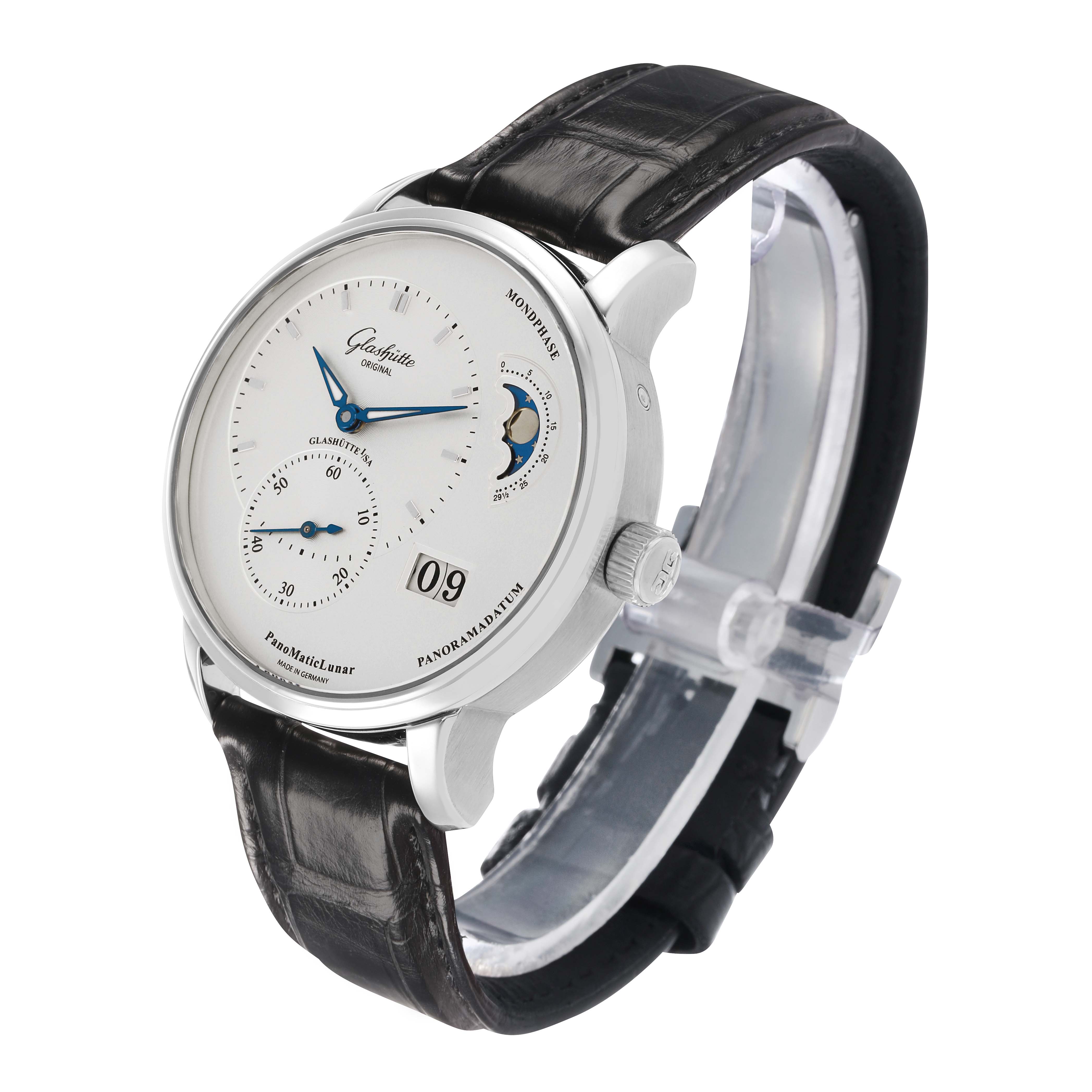The Glashütte Pano model watch is shown at a three-quarter angle, displaying the dial, crown, and strap.