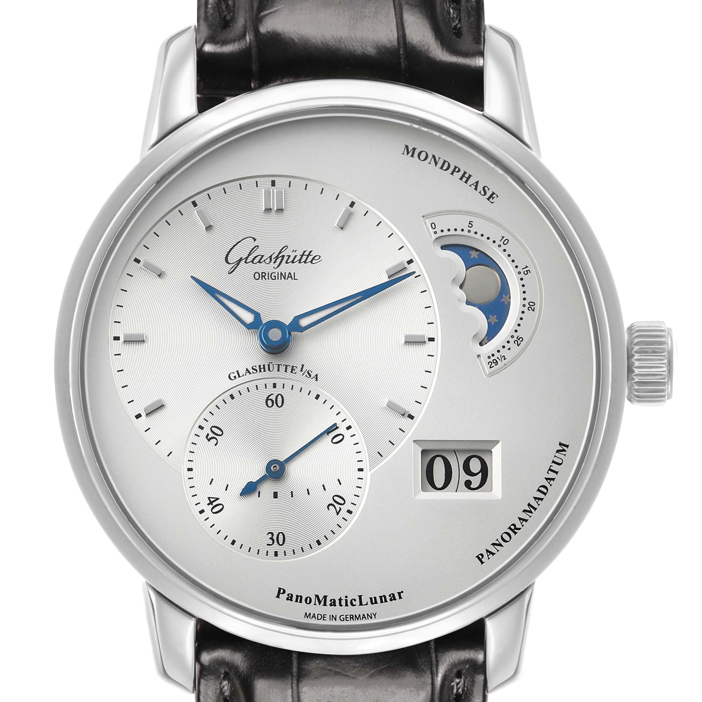 The Glashütte Pano watch is shown from a front angle, displaying its dial, moon phase, and date functions.