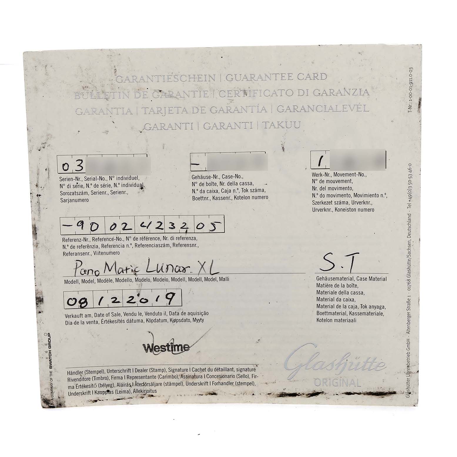 This image shows the guarantee card for the PanoMatic Luna XL by Glashütte.