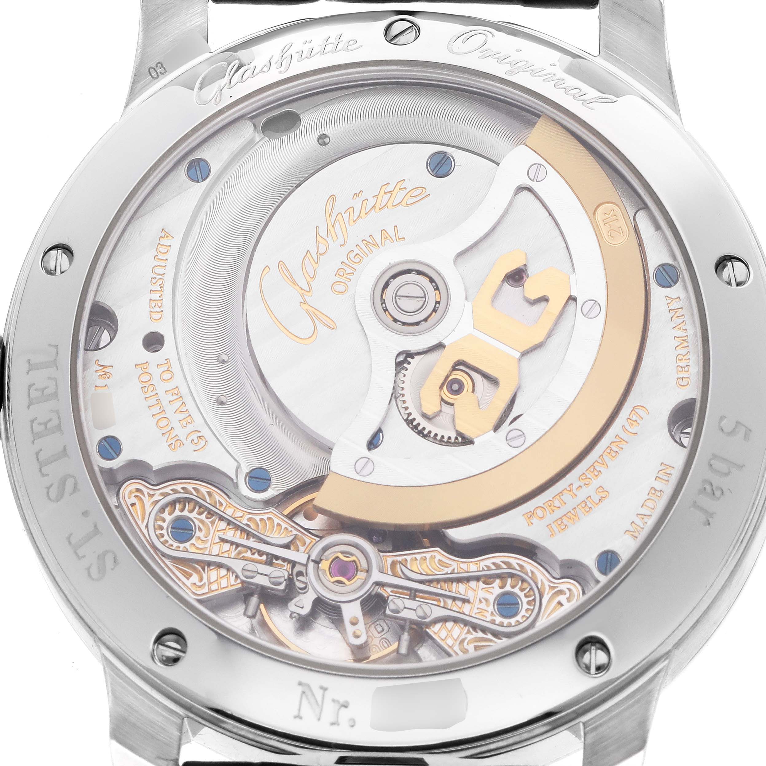 The image shows the back view of the Glashütte Original Pano model, highlighting its intricate movement and gold rotor.