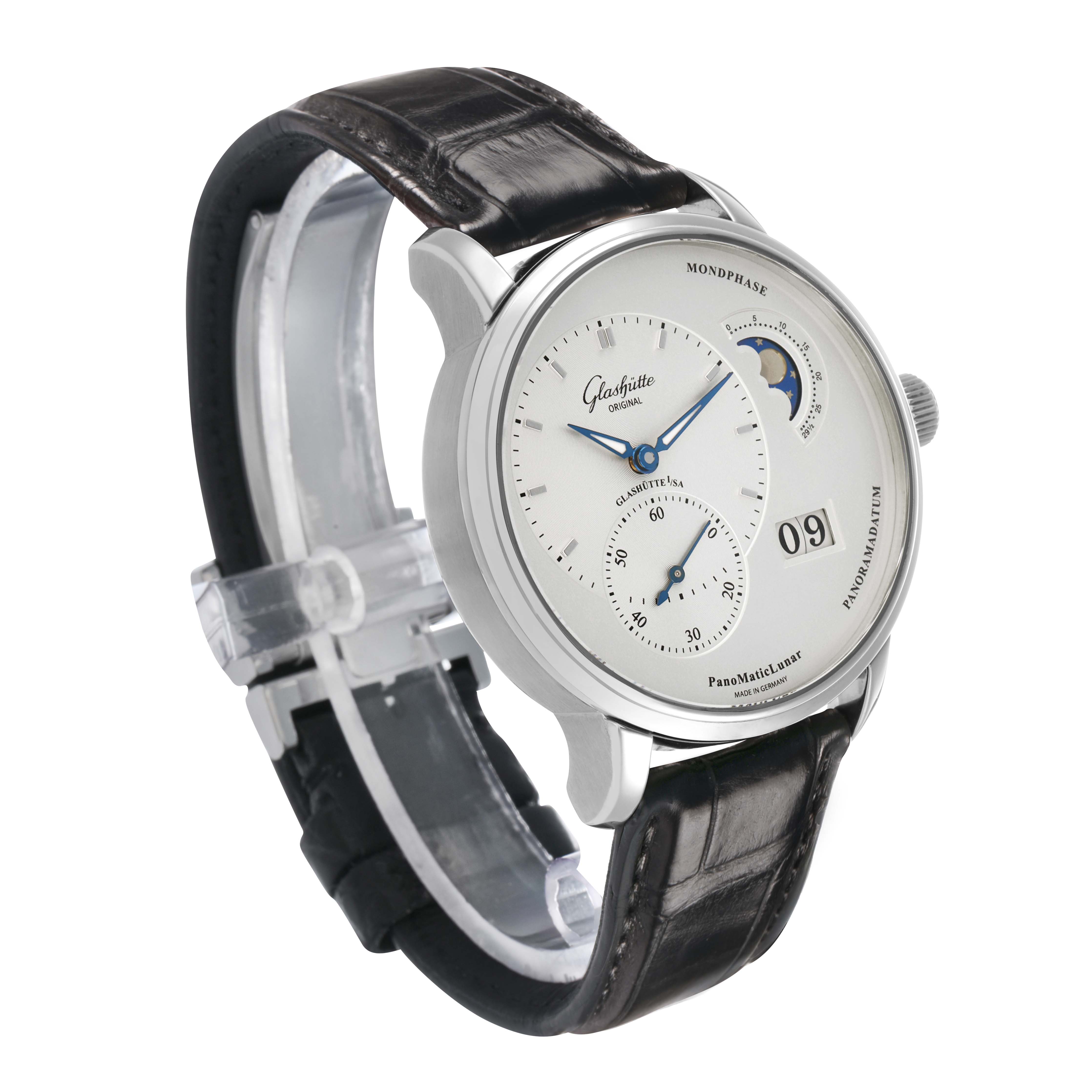 The Glashütte Pano watch is shown at a three-quarter angle, highlighting the face, moon phase, and leather strap.
