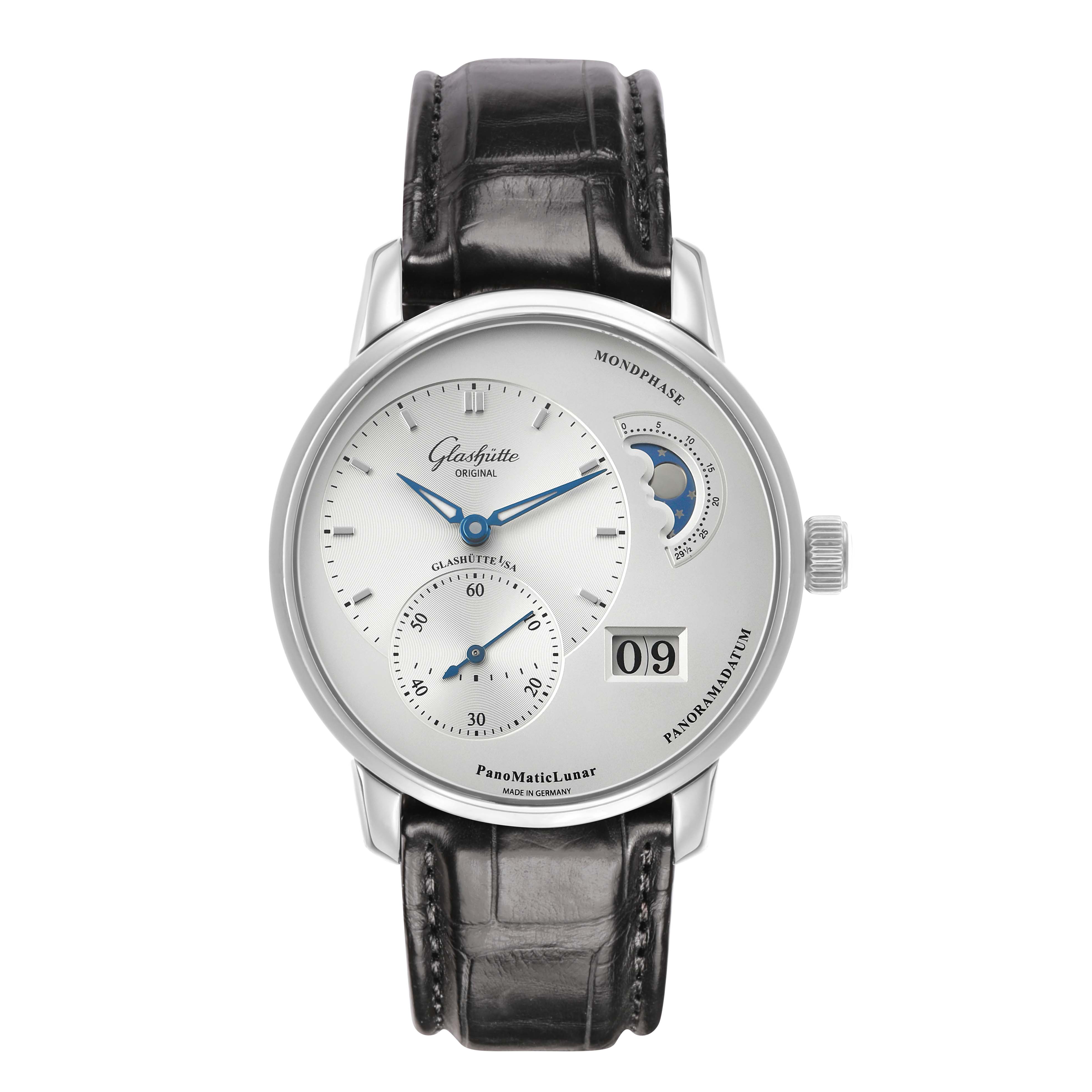 The Glashütte Pano watch is shown from the front, displaying its dial, moon phase, and date features.