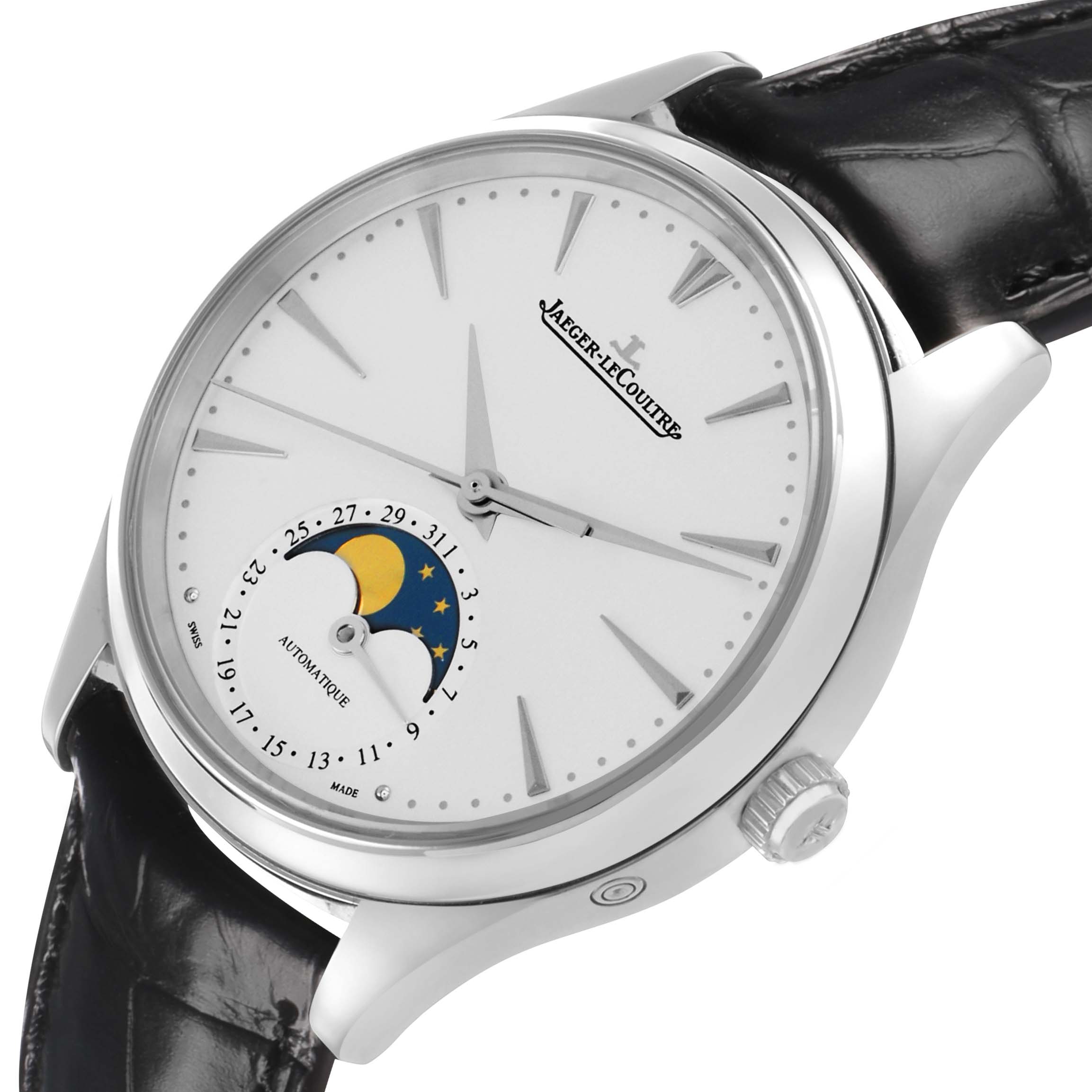The Jaeger-LeCoultre Master watch is angled to show the dial with moon phase and date, side crown, and part of the black strap.