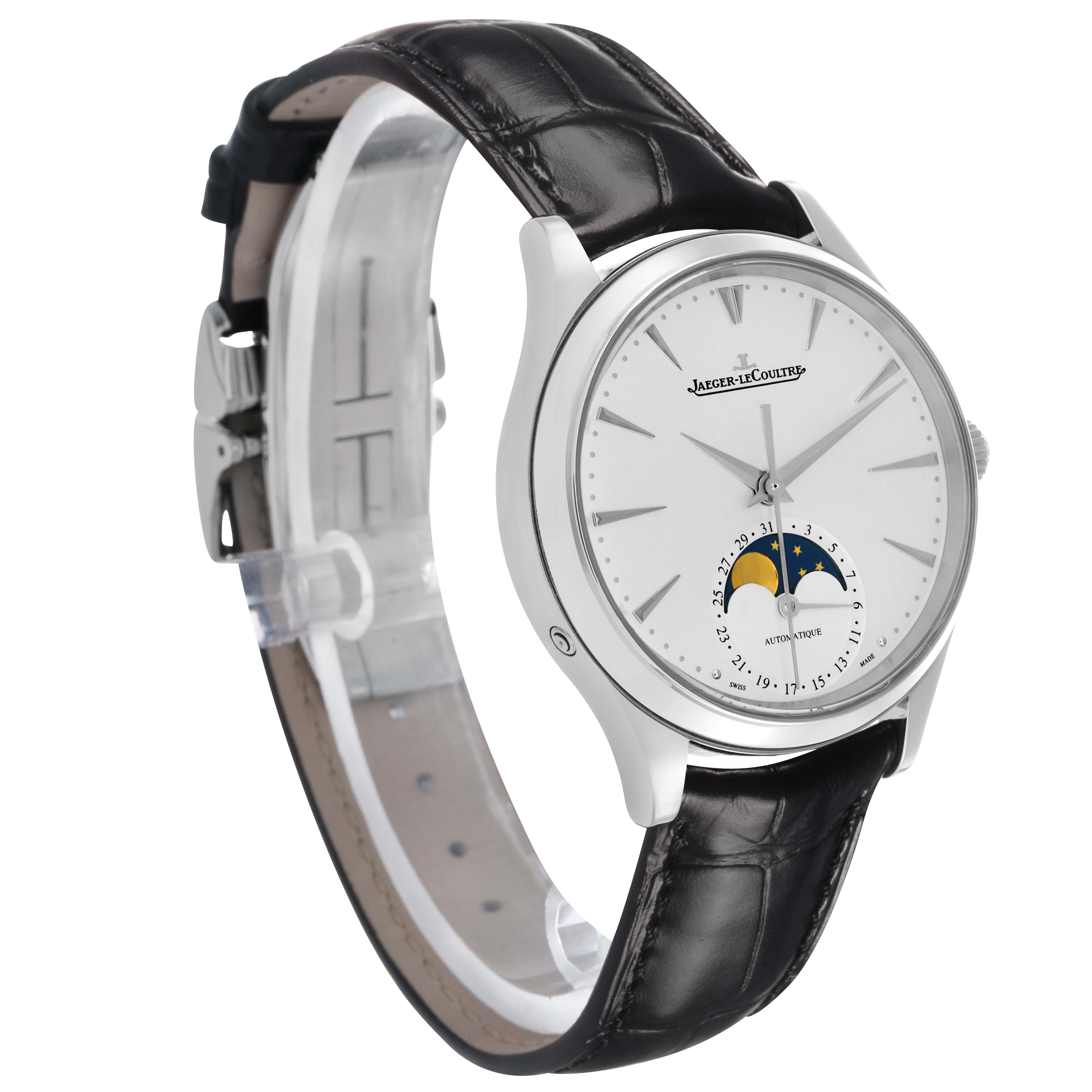 The Jaeger LeCoultre Master Q1258420 Men's Stainless Steel Silver Dial watch is shown at a slight angle, displaying the dial, moon phase, and leather strap.
