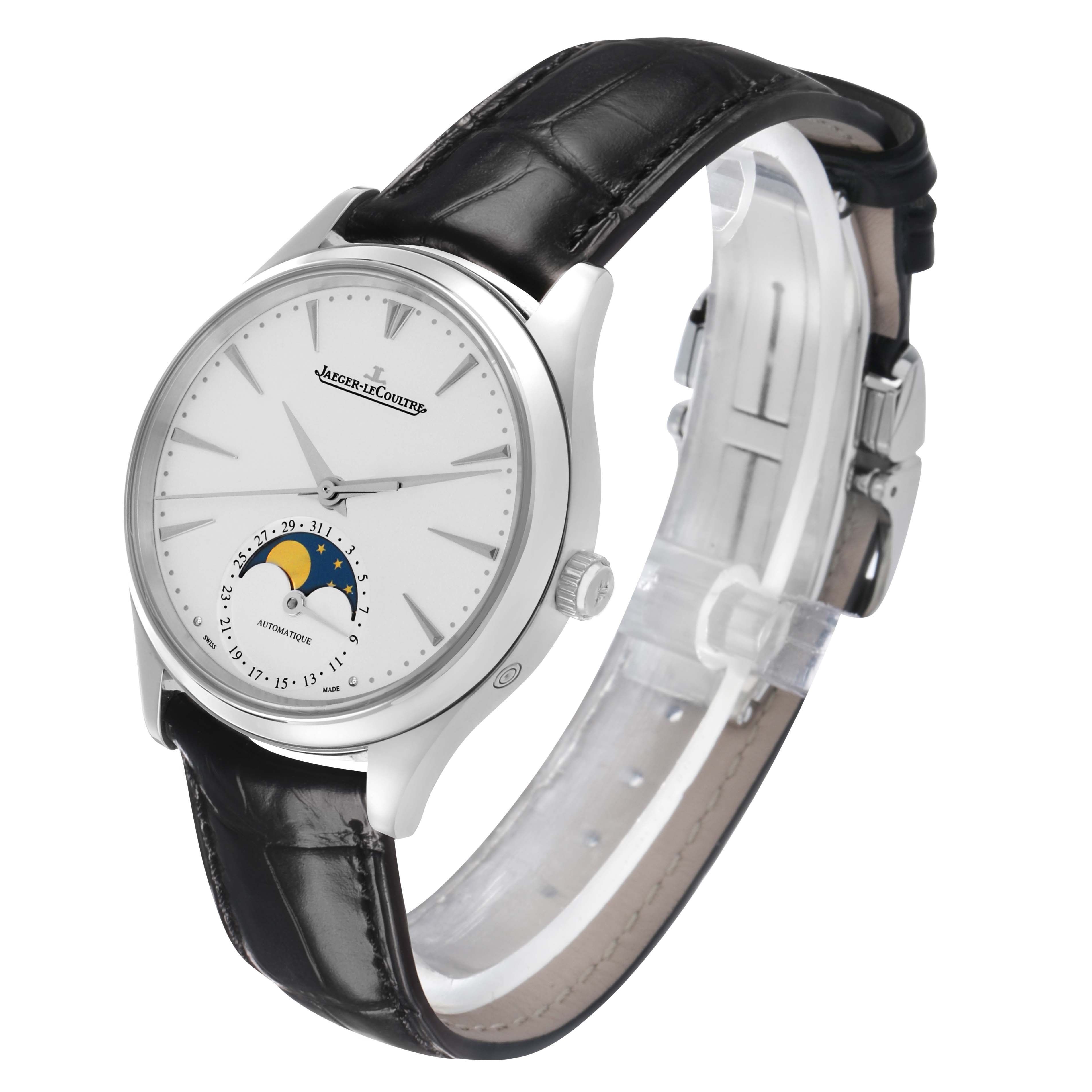 The Jaeger LeCoultre Master Q1258420 Men's Stainless Steel Silver Dial watch is shown from a side angle, highlighting its face, crown, and leather strap.