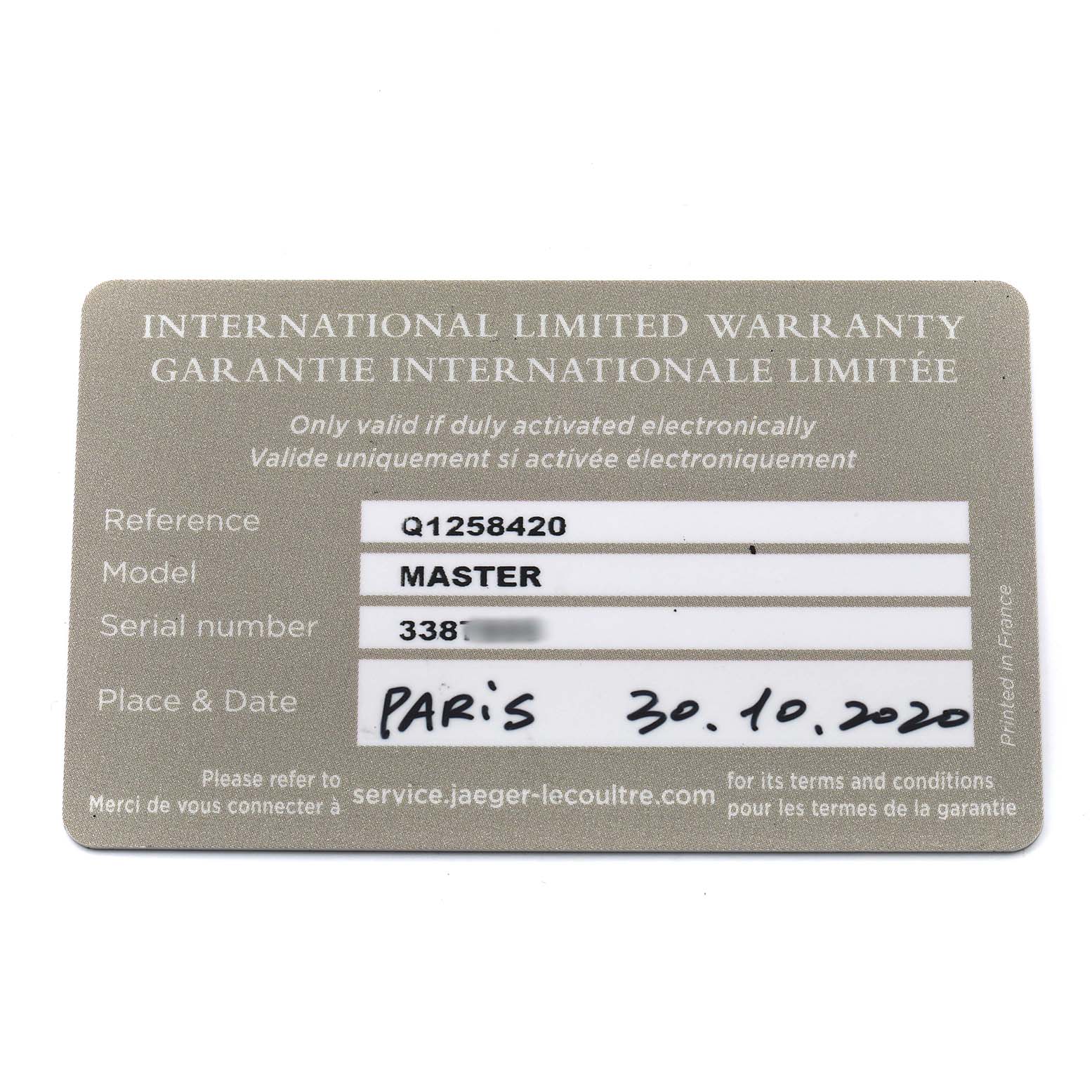 The image shows an international warranty card for the Jaeger LeCoultre Master Q1258420 Men's Stainless Steel Silver Dial model watch.