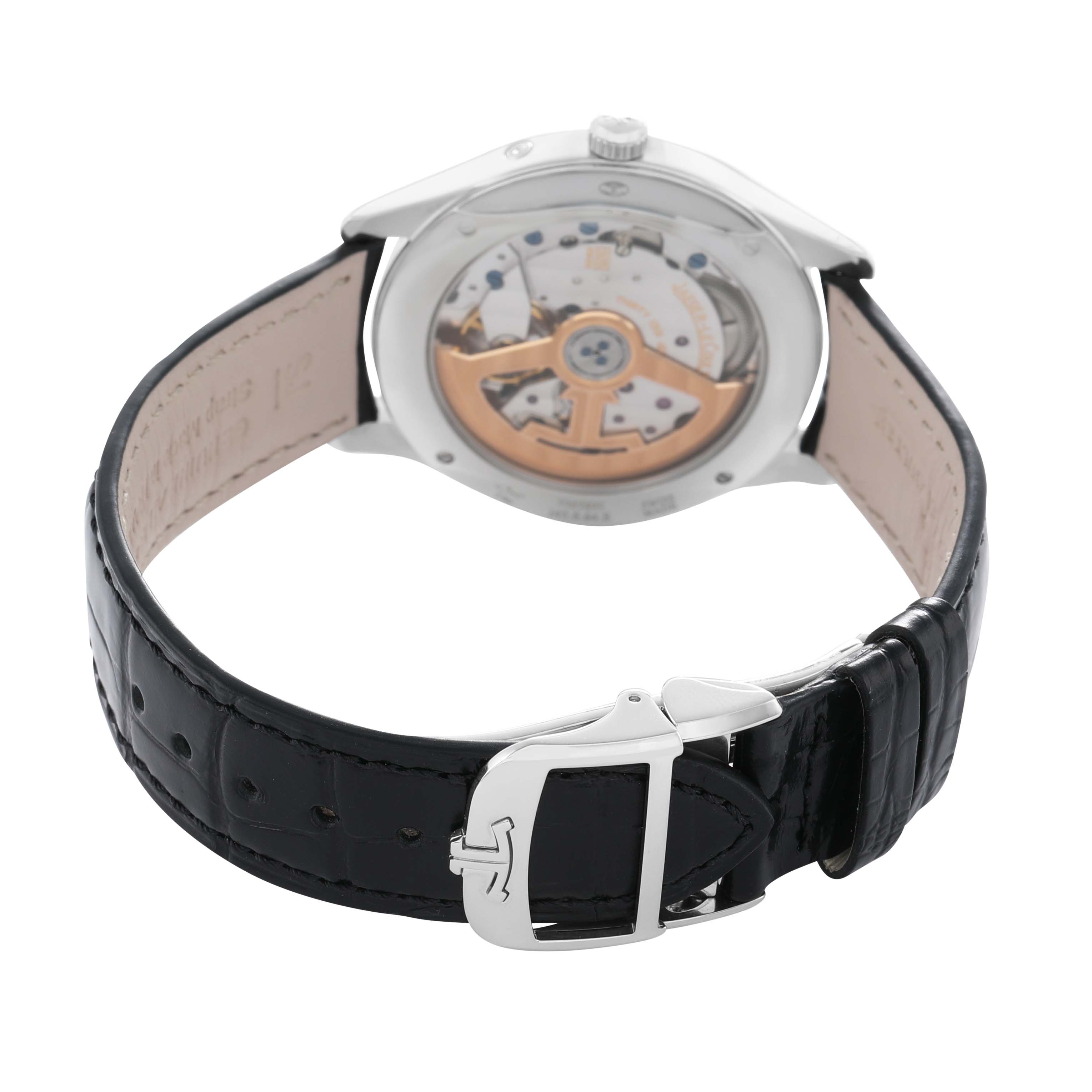 The Jaeger LeCoultre Master Q1258420 Men's Stainless Steel Silver Dial watch is shown from the back, displaying the movement and clasp on the leather strap.