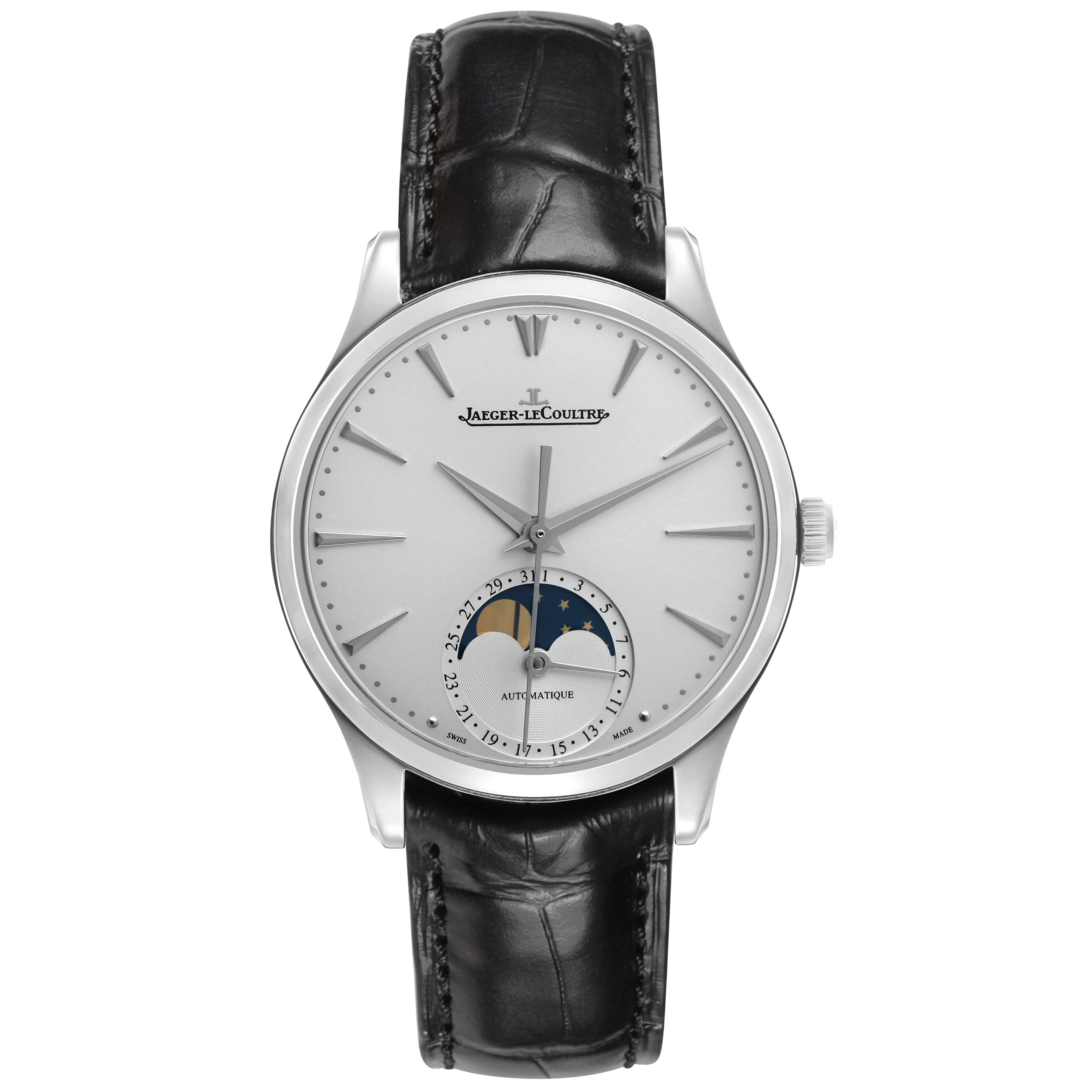The Jaeger-LeCoultre Master model watch is shown from a front angle, highlighting the dial, hands, moon phase, and leather strap.