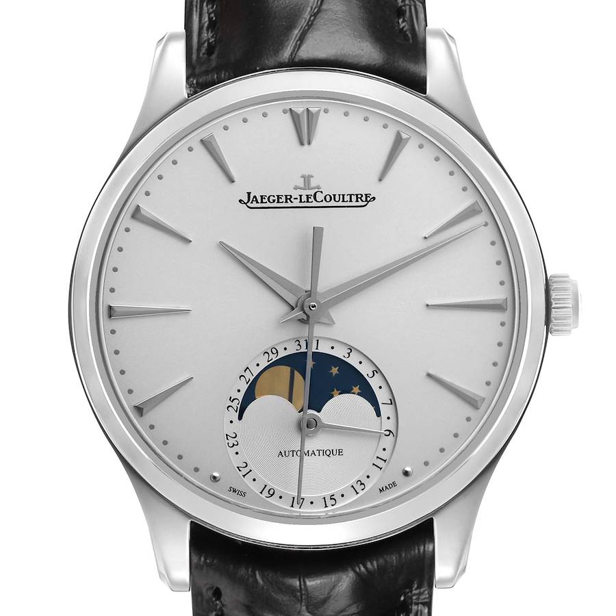 The Jaeger-LeCoultre Master watch is shown from the front, displaying its dial with moon phase, date, and brand logo.