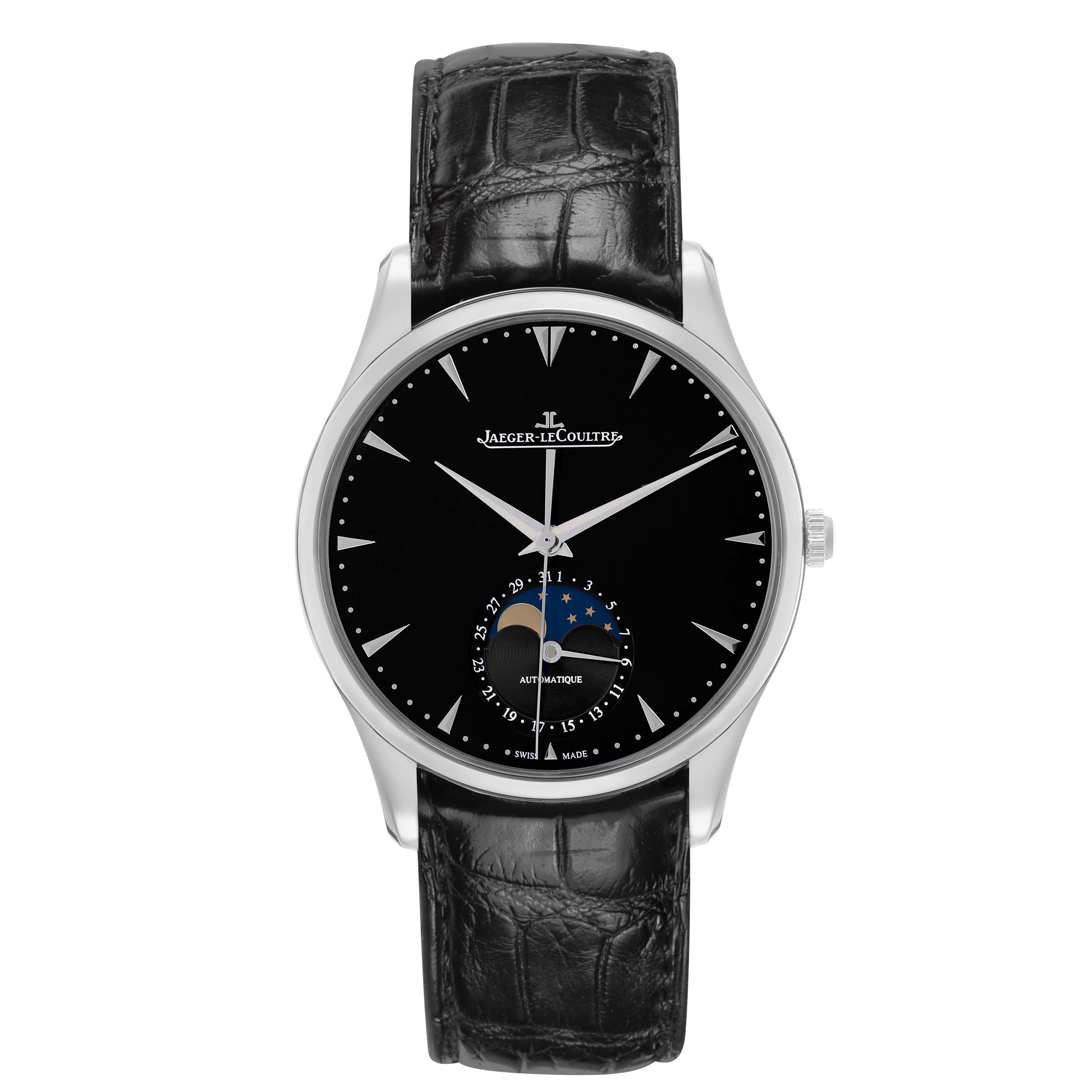 The watch is a Jaeger-LeCoultre Master model shown from the front, featuring a black dial and moon phase display.