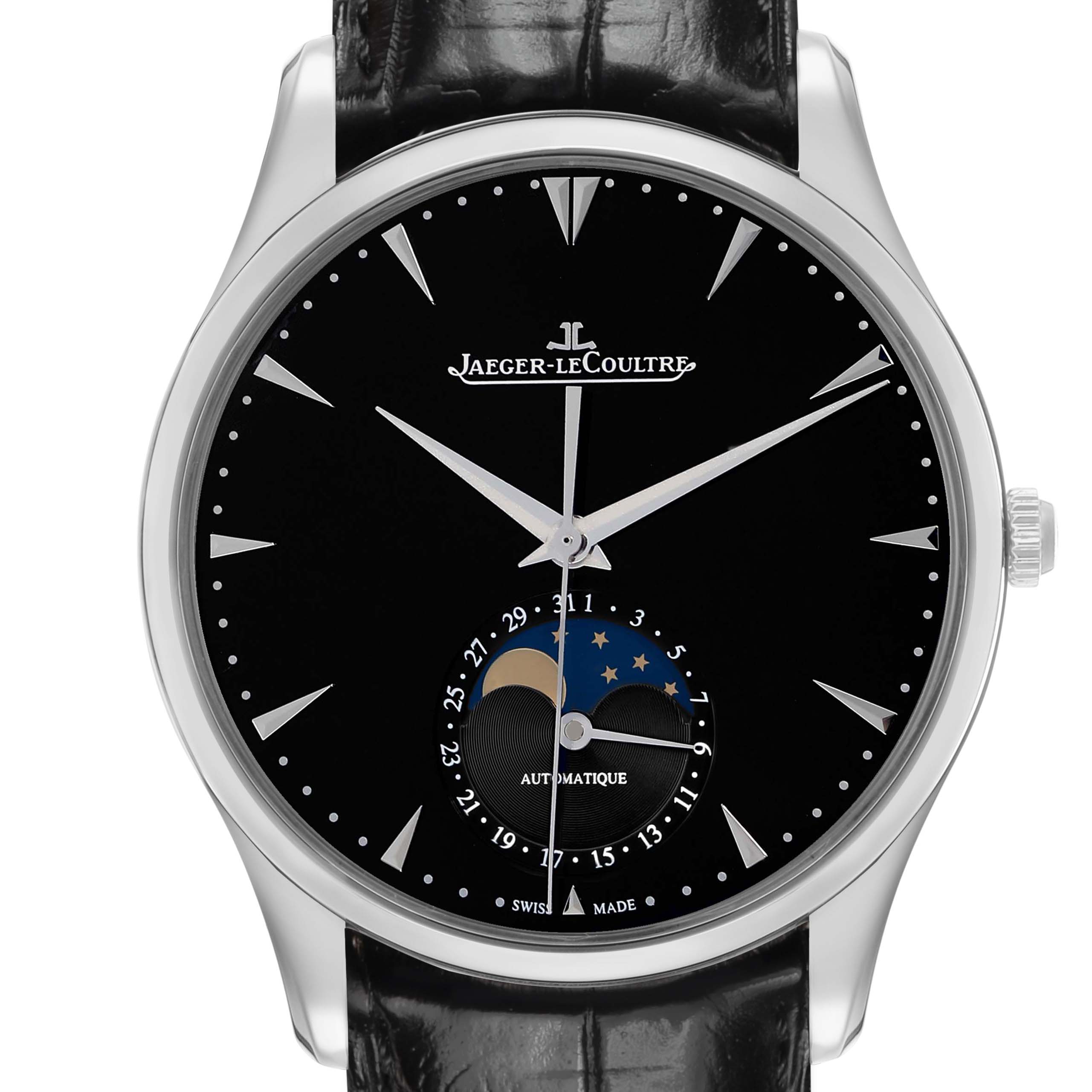The Jaeger-LeCoultre Master model watch is shown from the front, displaying its dial, moon phase, and date indicator.