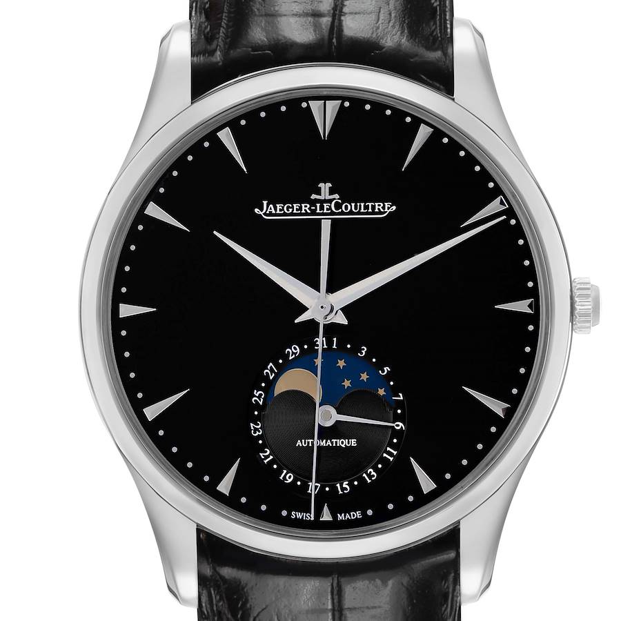 The Jaeger-LeCoultre Master model watch is shown from the front, displaying its dial, moon phase, and date indicator.