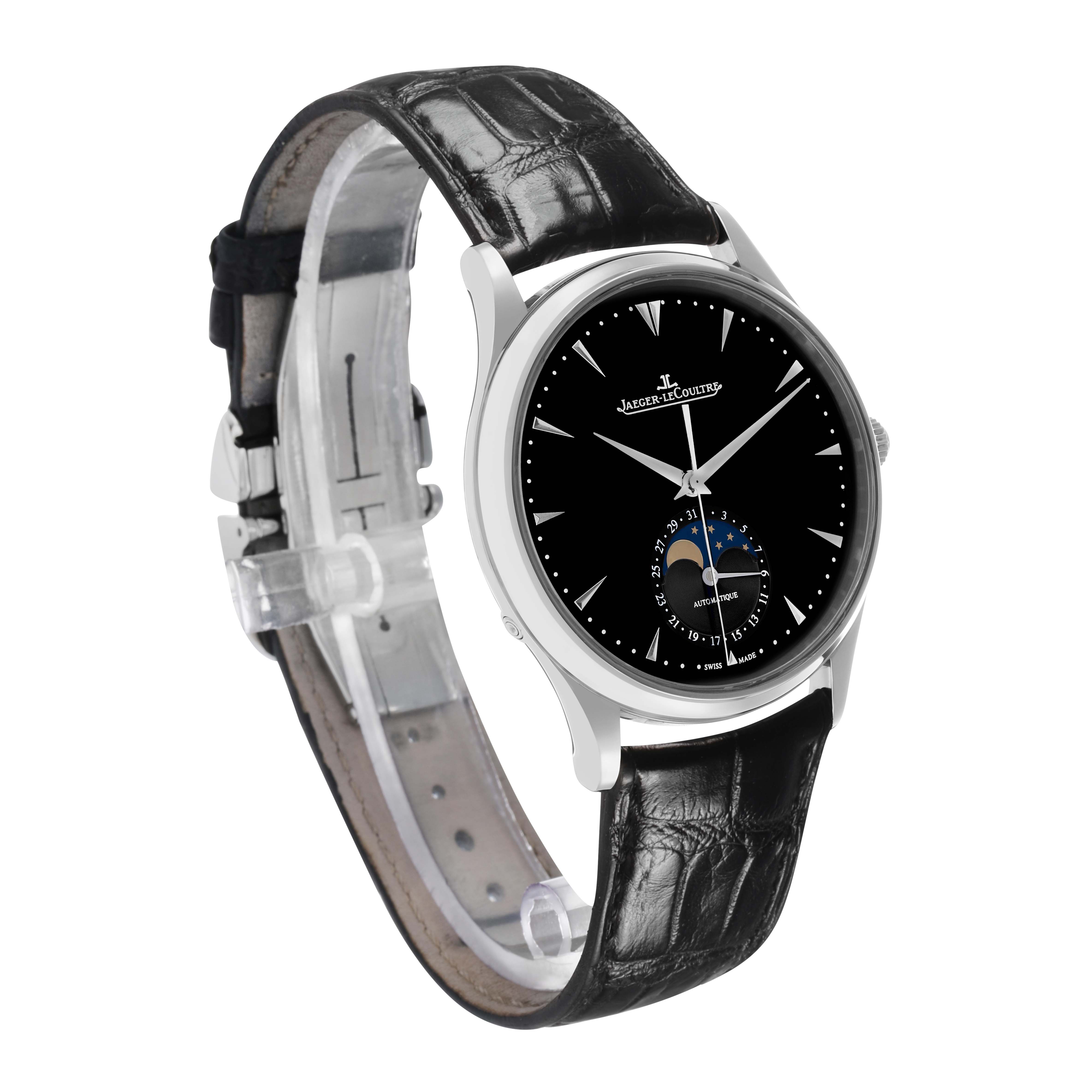 The Jaeger LeCoultre Master 176.8.64.S / Q1368470 Men's Stainless Steel Black Dial watch is shown at a slight angle, highlighting the black dial, moon phase, and leather strap.