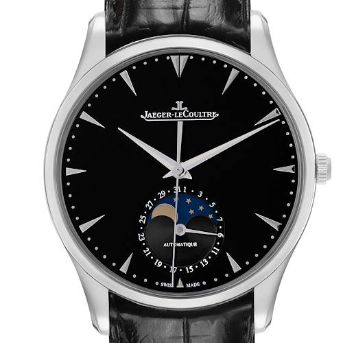 The Jaeger LeCoultre Master 176.8.64.S / Q1368470 Men's Stainless Steel Black Dial watch is shown from a frontal angle, displaying the dial, moon phase, date indicators, and crown.