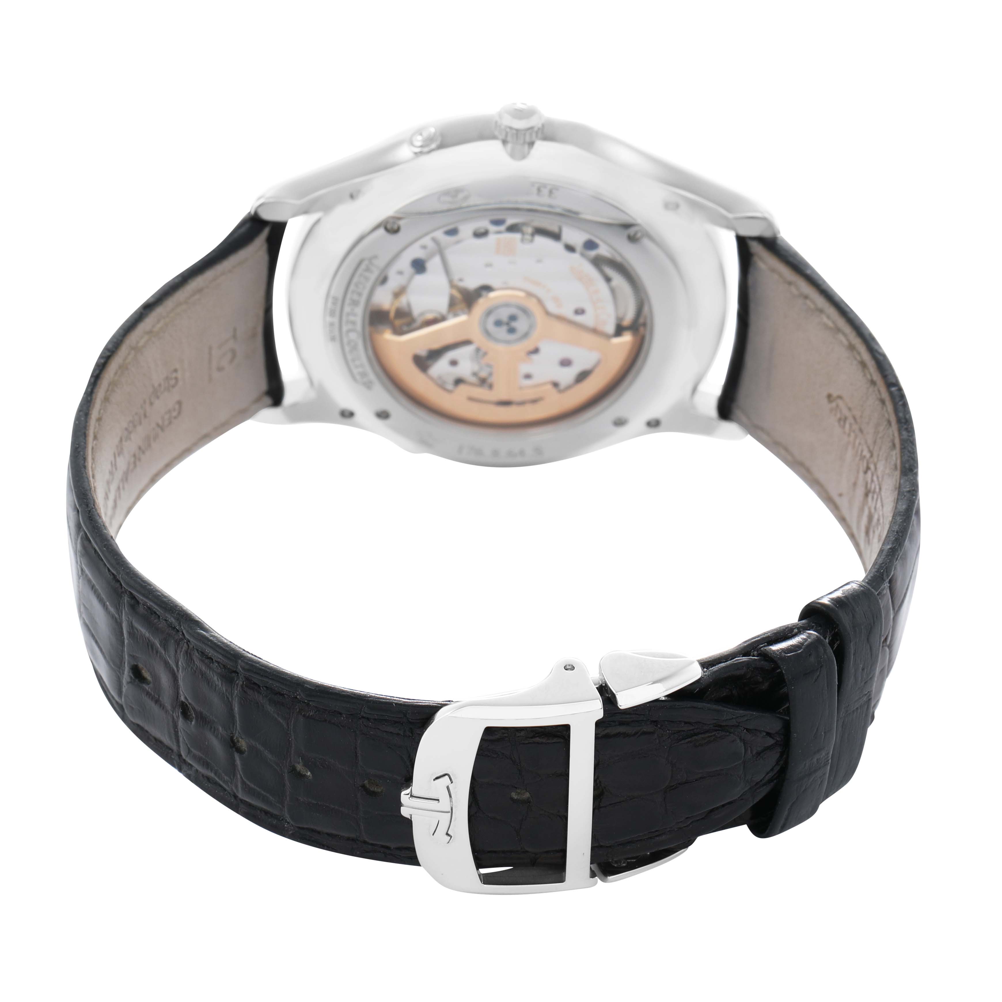 The image shows a rear view of the Jaeger LeCoultre Master 176.8.64.S / Q1368470 Men's Stainless Steel Black Dial model, highlighting the exhibition case back and leather strap with a clasp.