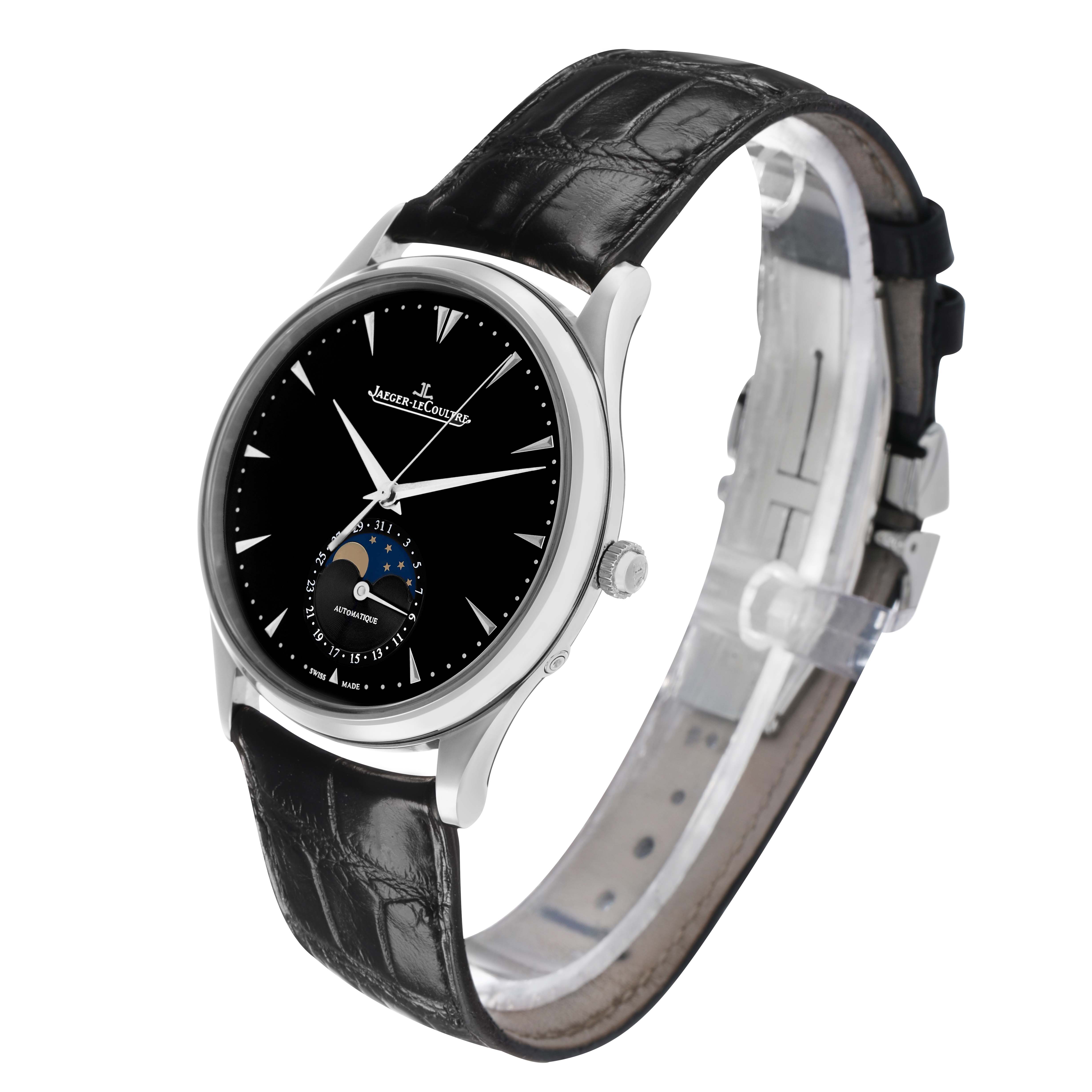 The Jaeger LeCoultre Master 176.8.64.S / Q1368470 Men's Stainless Steel Black Dial watch is shown from a three-quarter angle, highlighting its face, moon phase, case, and leather strap.