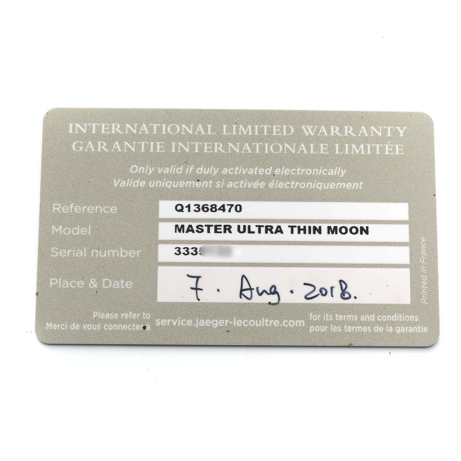 The image shows a warranty card for the Jaeger-LeCoultre Master Ultra Thin Moon model.