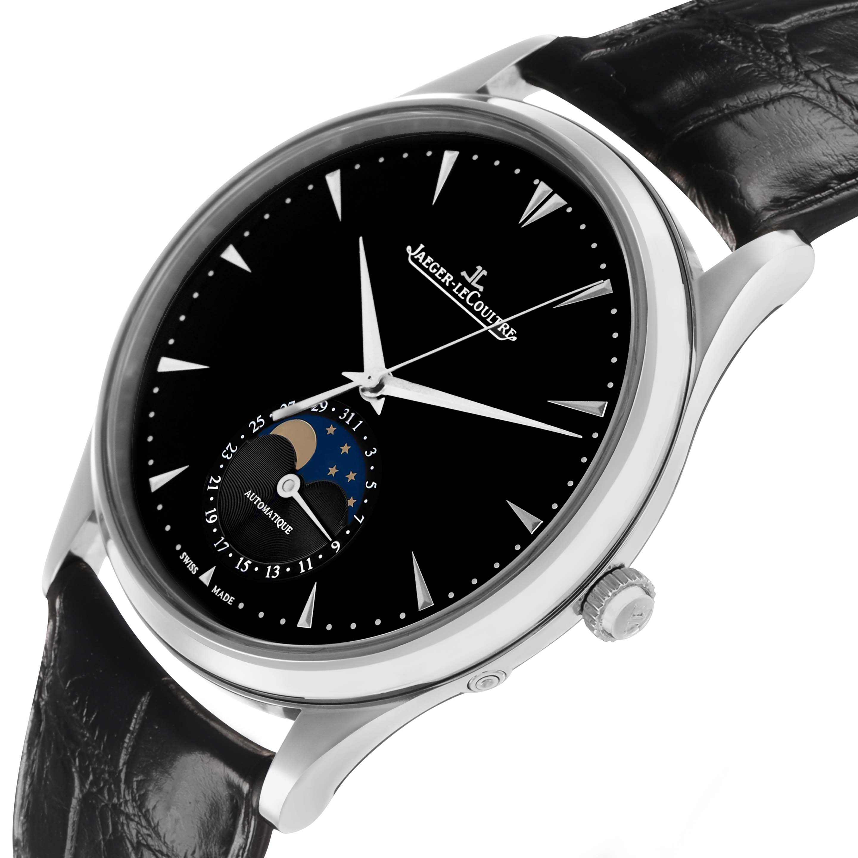 The Jaeger LeCoultre Master 176.8.64.S / Q1368470 Men's Stainless Steel Black Dial watch is shown at a slightly tilted angle, highlighting the black dial, moon phase, and crown.