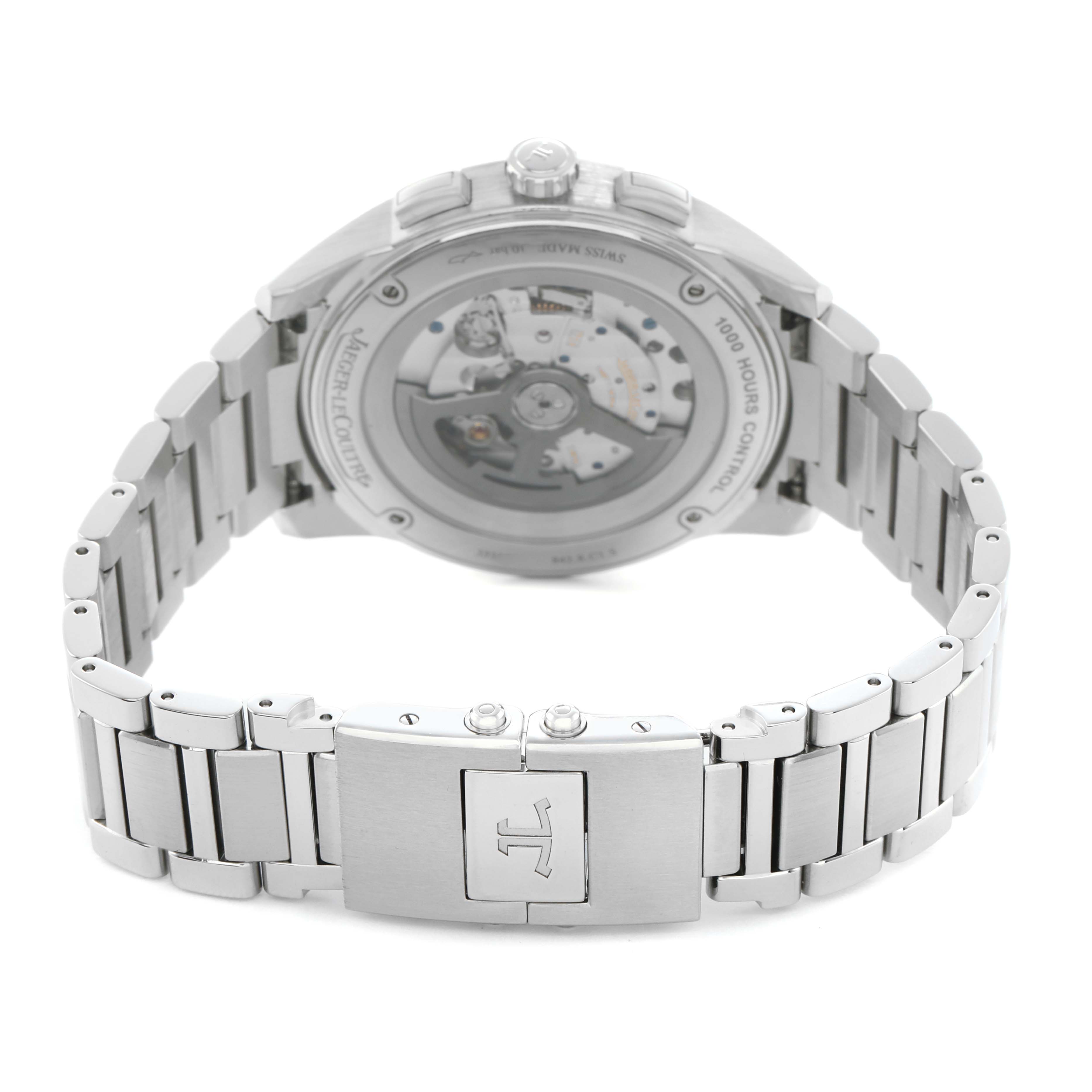 The image shows the back view of the Jaeger LeCoultre Polaris Q9028180 / 842.8.C1.S Men's Stainless Steel Blue Dial watch, highlighting its open case back and metal bracelet.