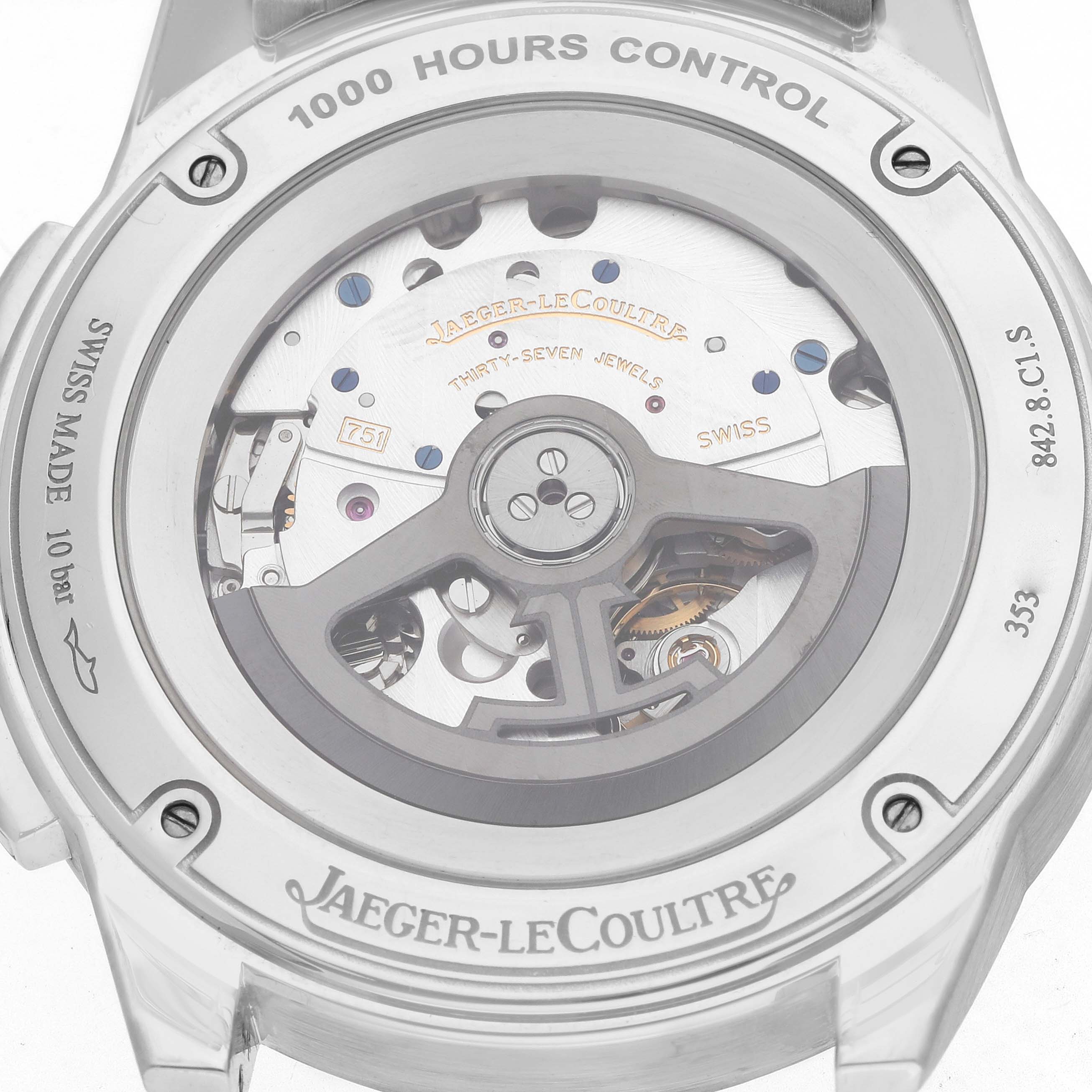 The image shows the back view of the Jaeger-LeCoultre Polaris watch, highlighting its movement and rotor mechanism.