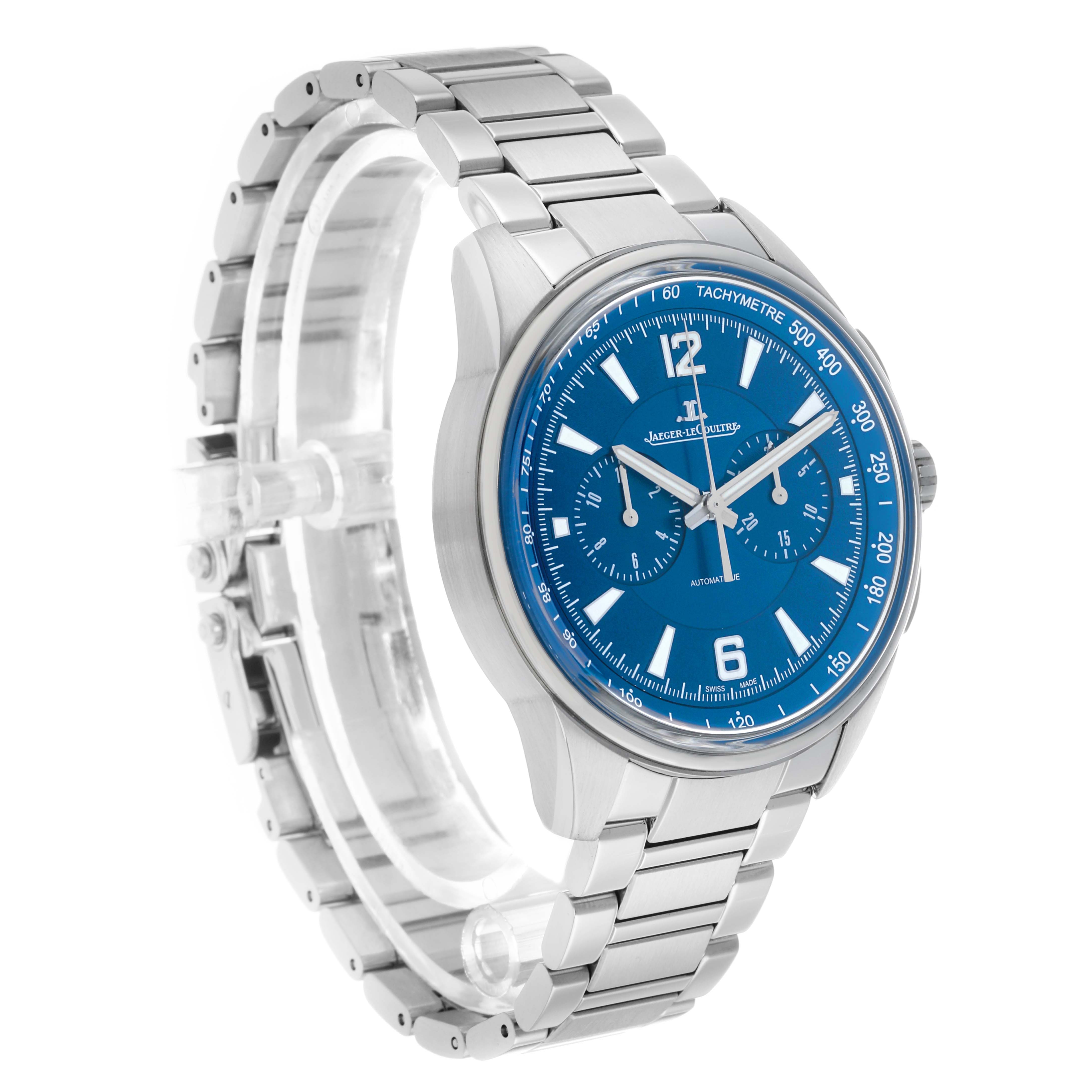 The Jaeger LeCoultre Polaris Q9028180 / 842.8.C1.S Men's Stainless Steel Blue Dial watch is shown at a three-quarter angle, displaying the dial, case, and bracelet.
