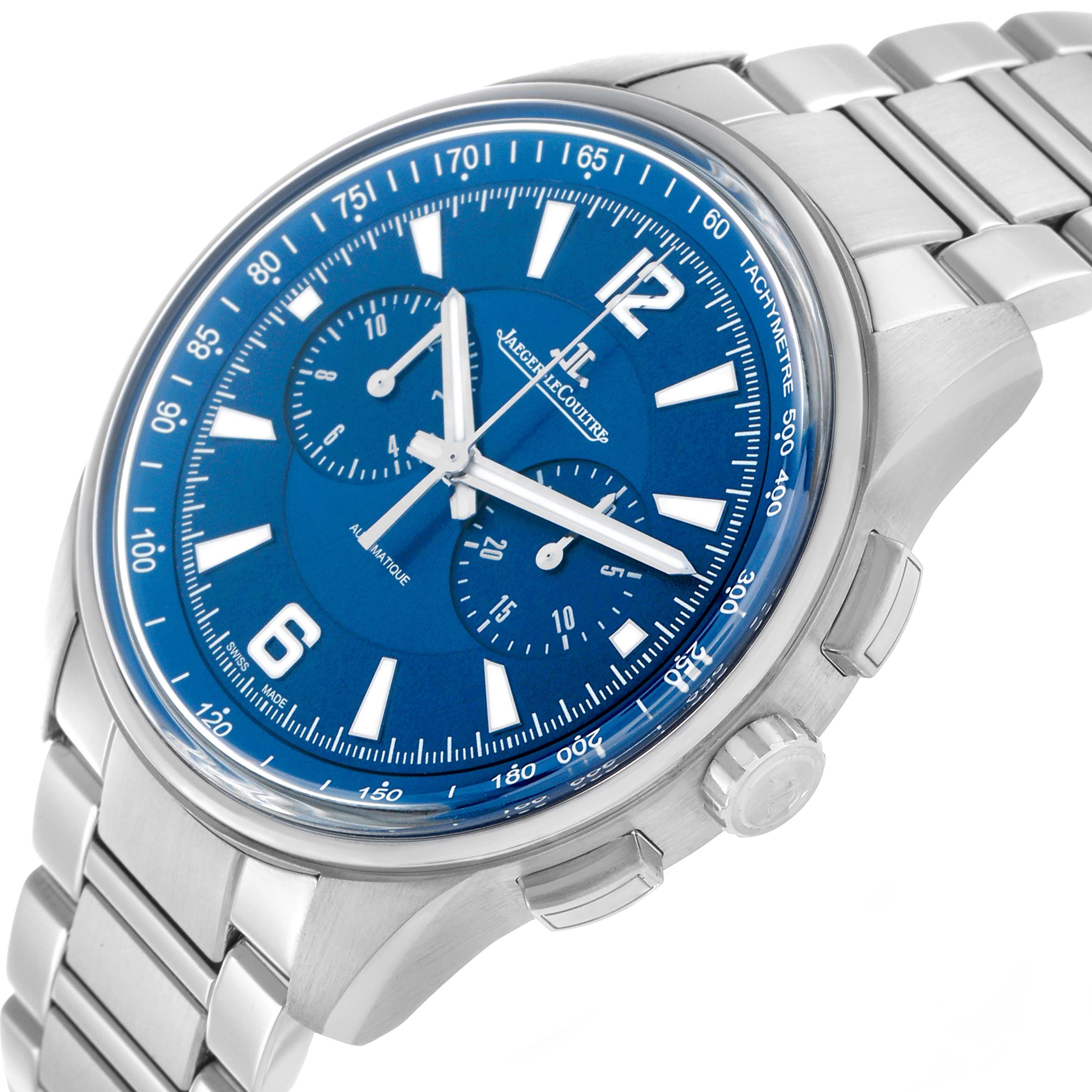 The Jaeger LeCoultre Polaris Q9028180 / 842.8.C1.S Men's Stainless Steel Blue Dial watch is shown at an angle highlighting the face, crown, pushers, and part of the bracelet.