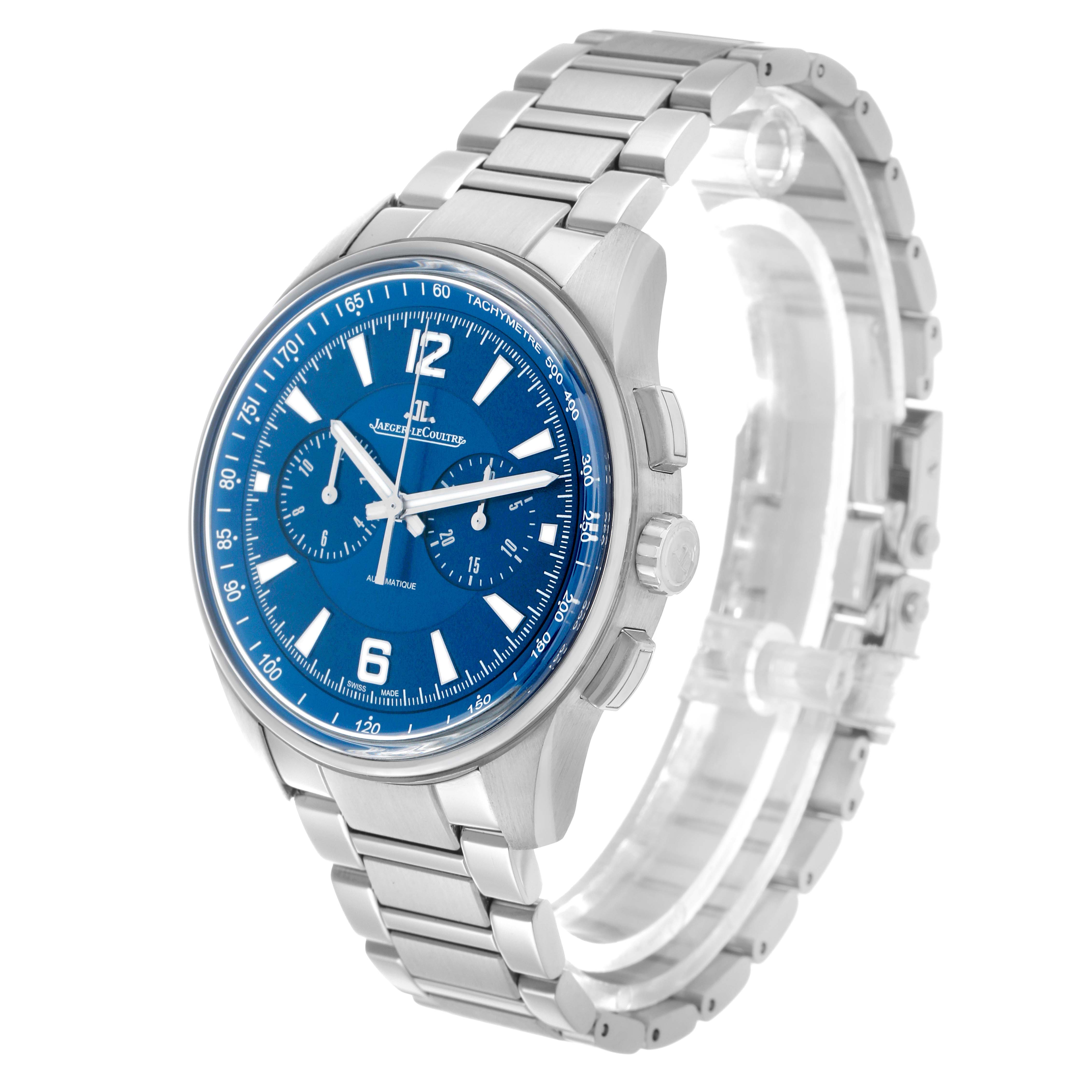 The Jaeger-LeCoultre Polaris watch is shown at a three-quarter angle, highlighting its blue dial, metal bracelet, and side buttons.