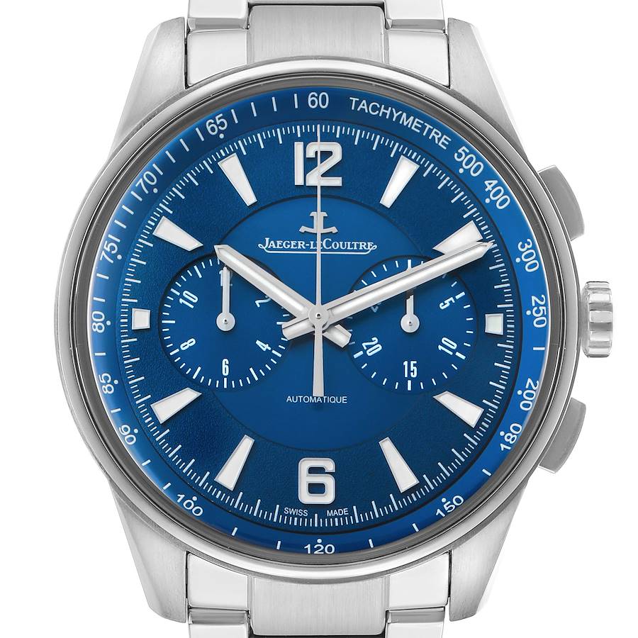 The Jaeger LeCoultre Polaris Q9028180 / 842.8.C1.S Men's Stainless Steel Blue Dial watch is shown from a front angle, highlighting the blue dial, tachymeter, and sub-dials.