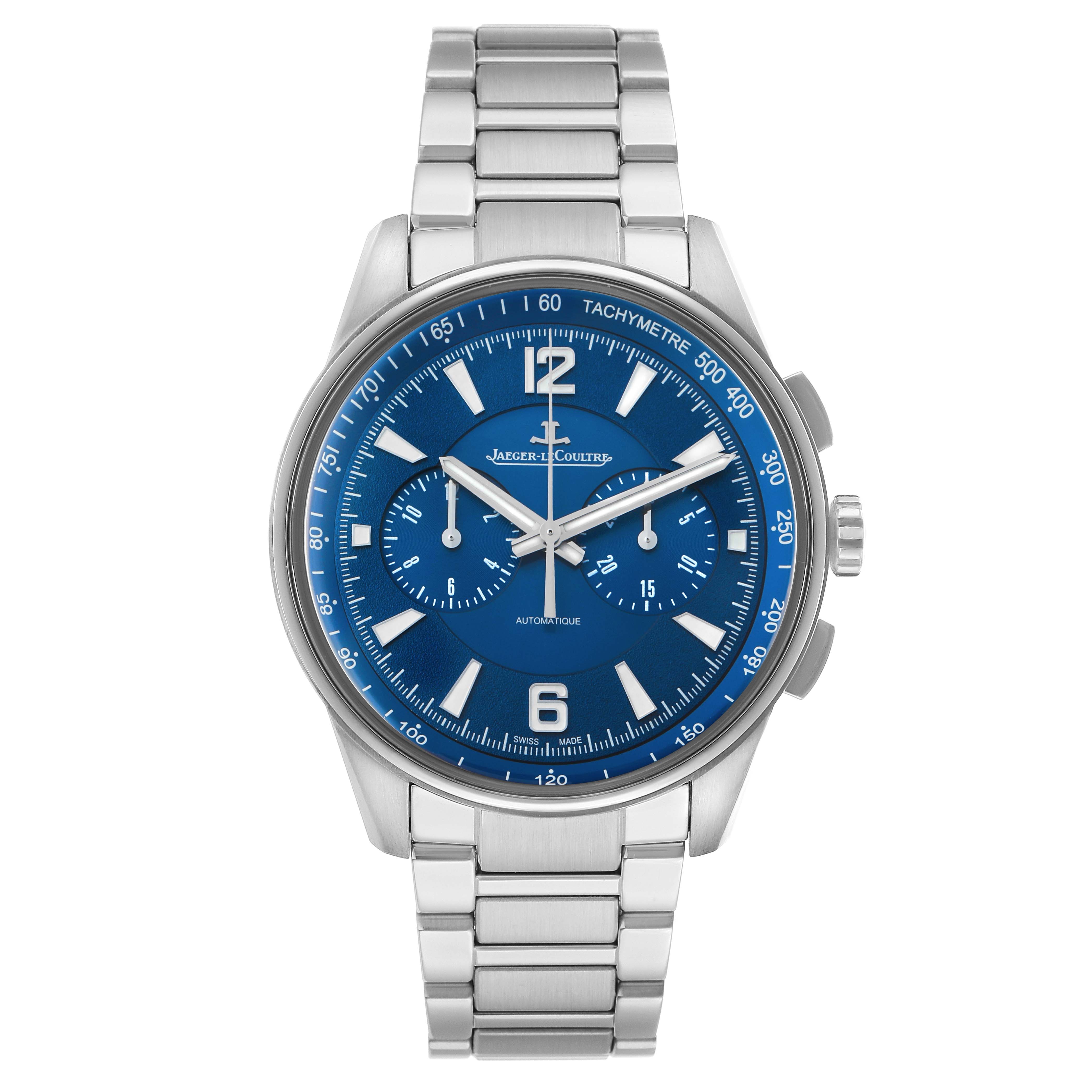 The Jaeger LeCoultre Polaris Q9028180 / 842.8.C1.S Men's Stainless Steel Blue Dial watch is shown from the front, highlighting its blue dial, stainless steel bracelet, and tachymeter.