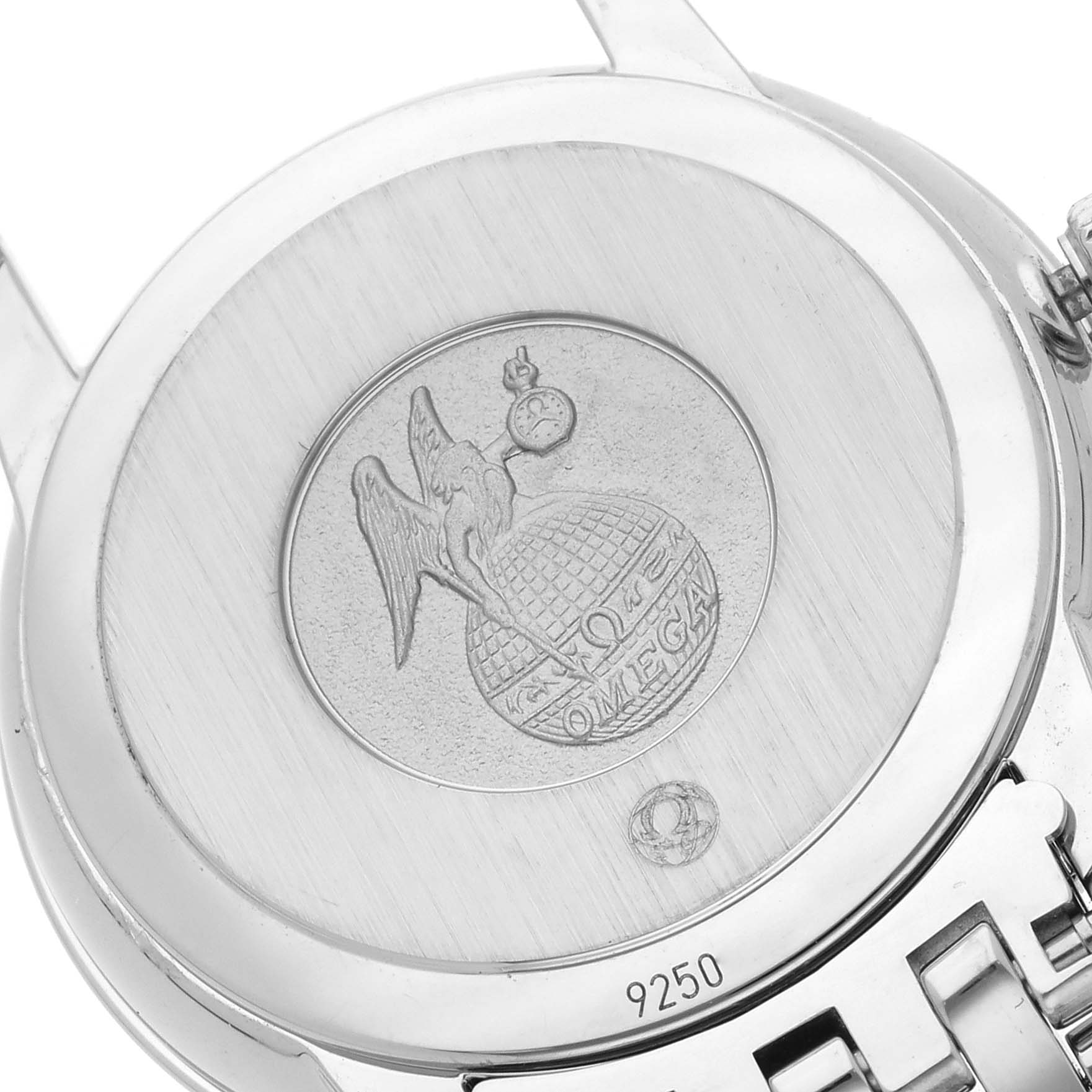 The Omega 4375.71.00 Women's Stainless Steel Silver Dial 4375.71.00 Women's Stainless Steel Silver Dial DeVille Prestige 4375.71.00 watch is shown from the back, displaying the engraved case back design.