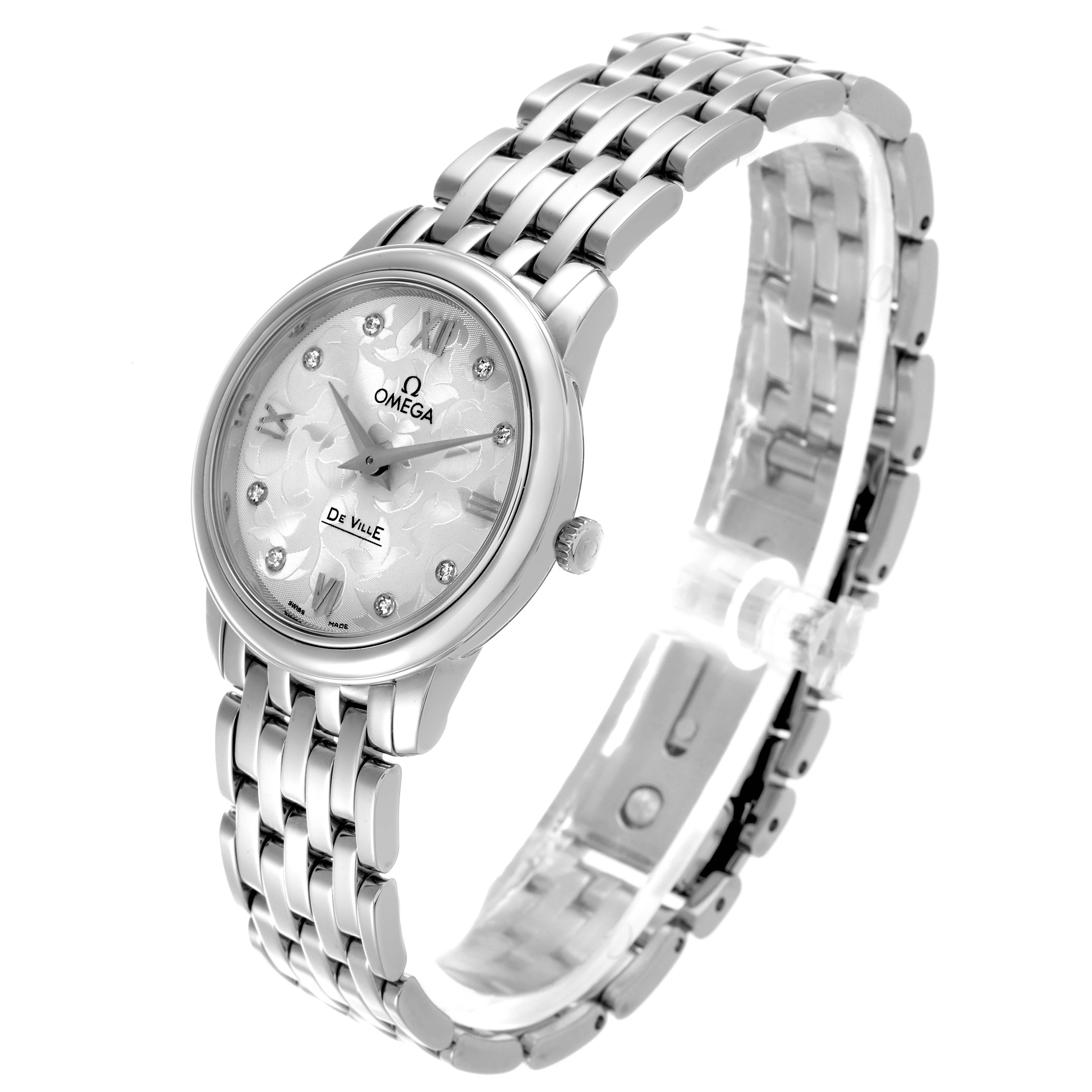 The Omega 4375.71.00 Women's Stainless Steel Silver Dial 4375.71.00 Women's Stainless Steel Silver Dial DeVille Prestige Butterfly Dial Steel Ladies Watch is shown from a 3/4 angle, highlighting the dial, bezel, and bracelet.