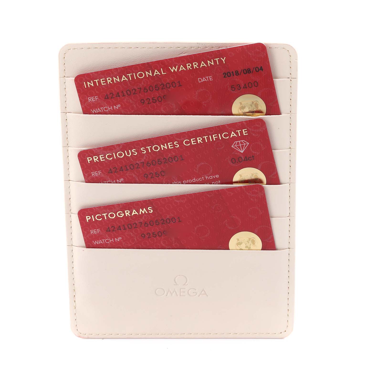 The image shows warranty cards for the Omega 4375.71.00 Women's Stainless Steel Silver Dial 4375.71.00 Women's Stainless Steel Silver Dial DeVille Prestige Butterfly Dial Steel Ladies Watch 4375.71.00.