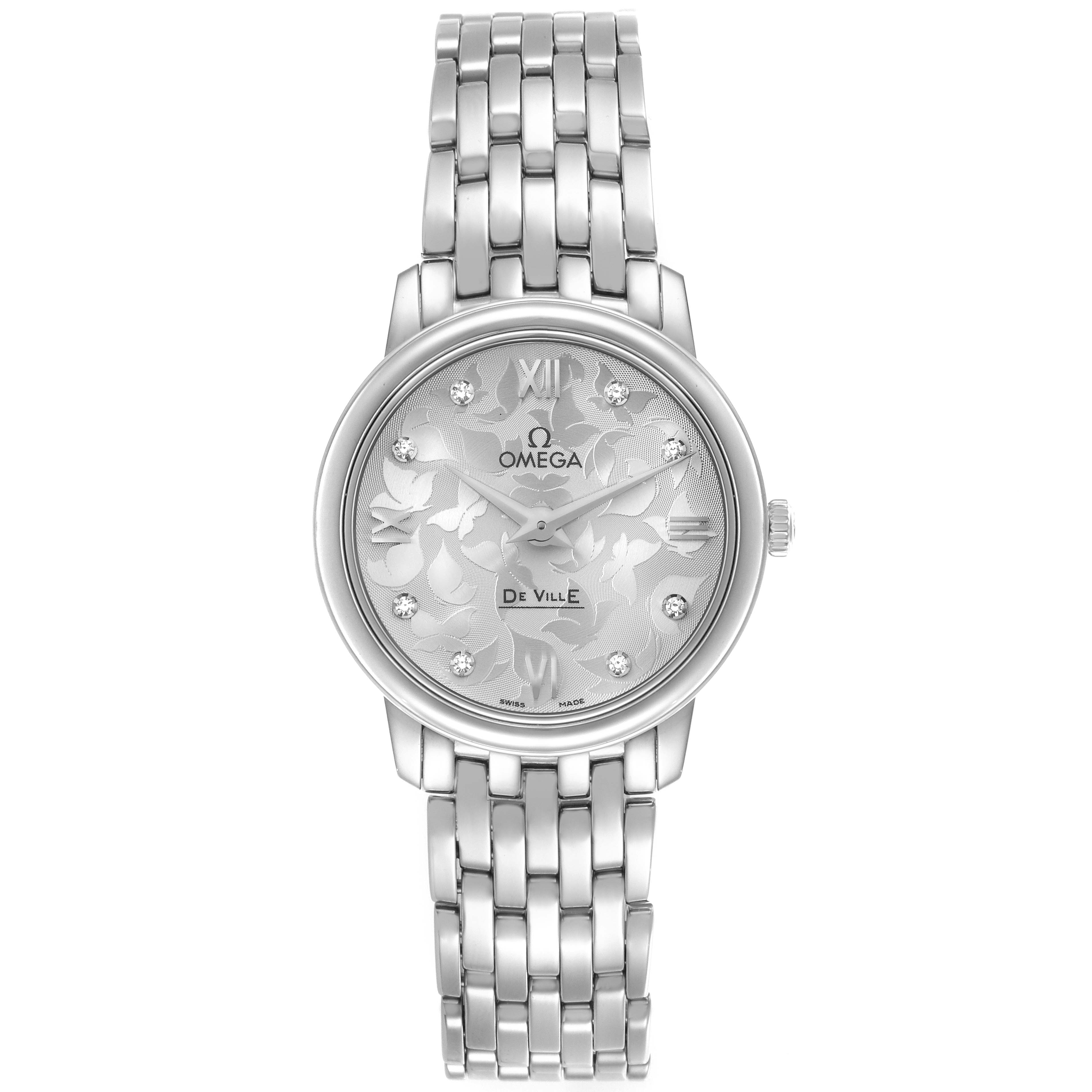 The Omega 4375.71.00 Women's Stainless Steel Silver Dial 4375.71.00 Women's Stainless Steel Silver Dial DeVille Prestige Butterfly Dial Steel Ladies Watch 4375.71.00 is shown from the front, featuring its dial and bracelet.