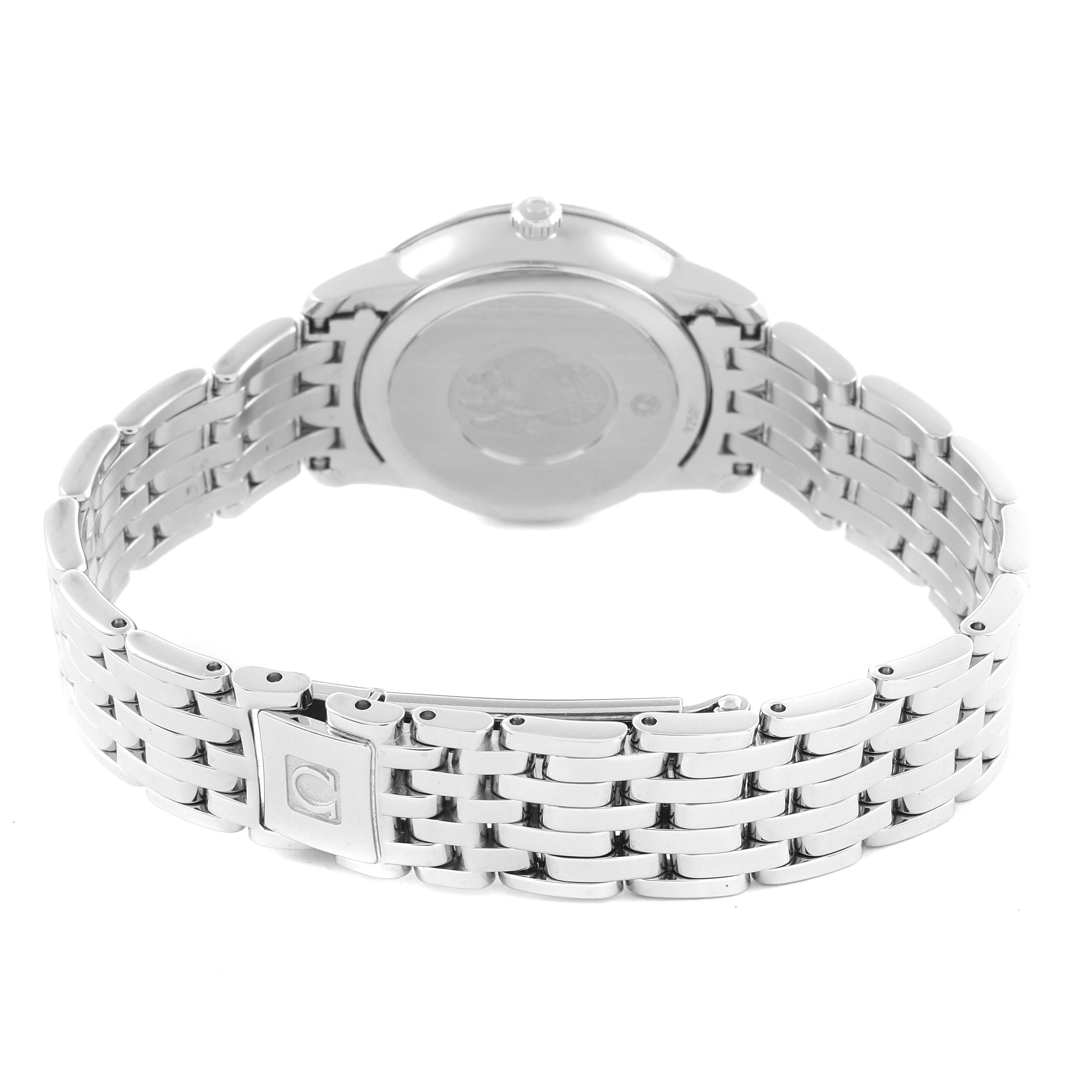 The image shows the back case and bracelet of the Omega 4375.71.00 Women's Stainless Steel Silver Dial 4375.71.00 Women's Stainless Steel Silver Dial DeVille Prestige Butterfly Dial Steel Ladies Watch 4375.71.00.