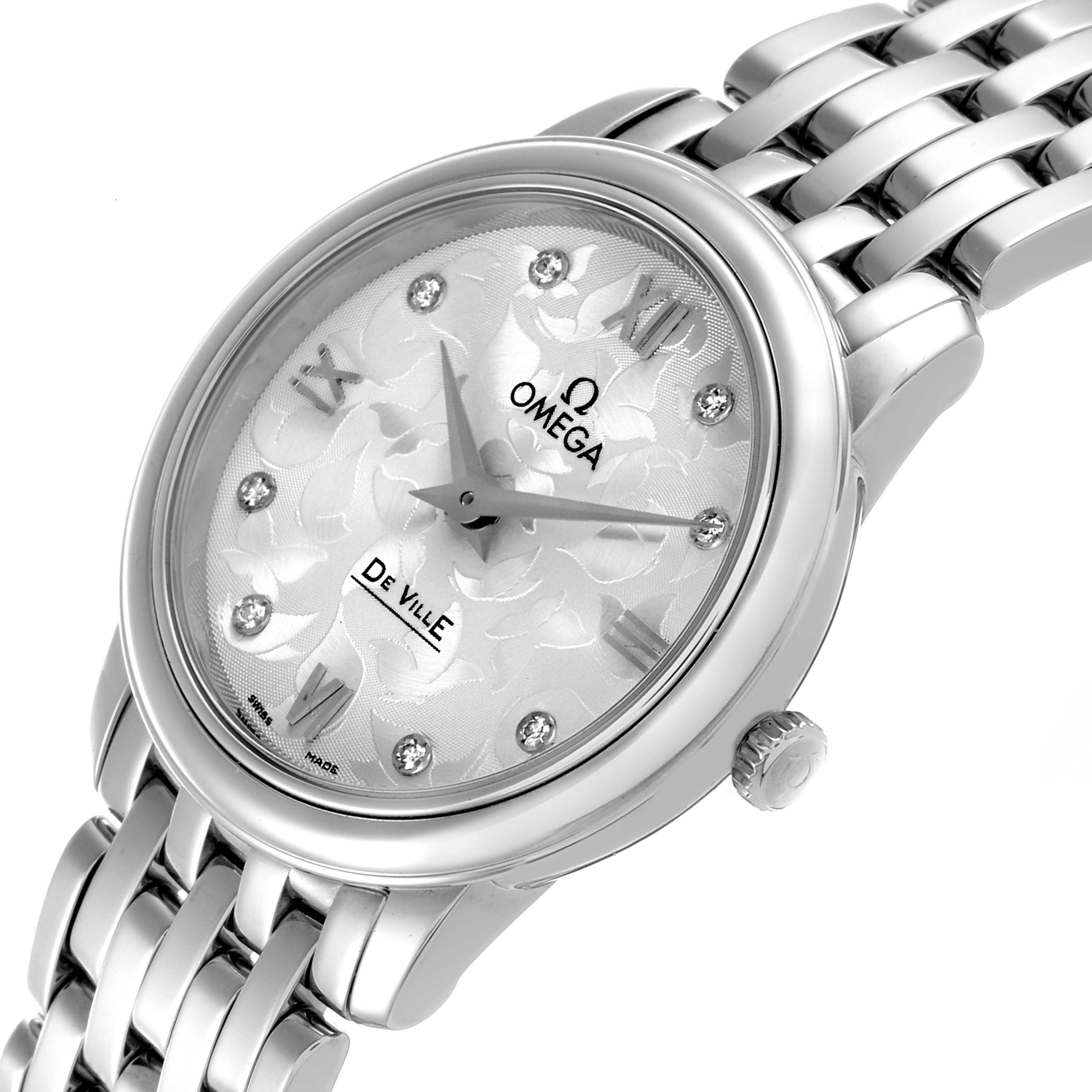 The Omega 4375.71.00 Women's Stainless Steel Silver Dial 4375.71.00 Women's Stainless Steel Silver Dial DeVille Prestige Butterfly Dial Steel Ladies Watch is shown at an angled view highlighting its face and bracelet.
