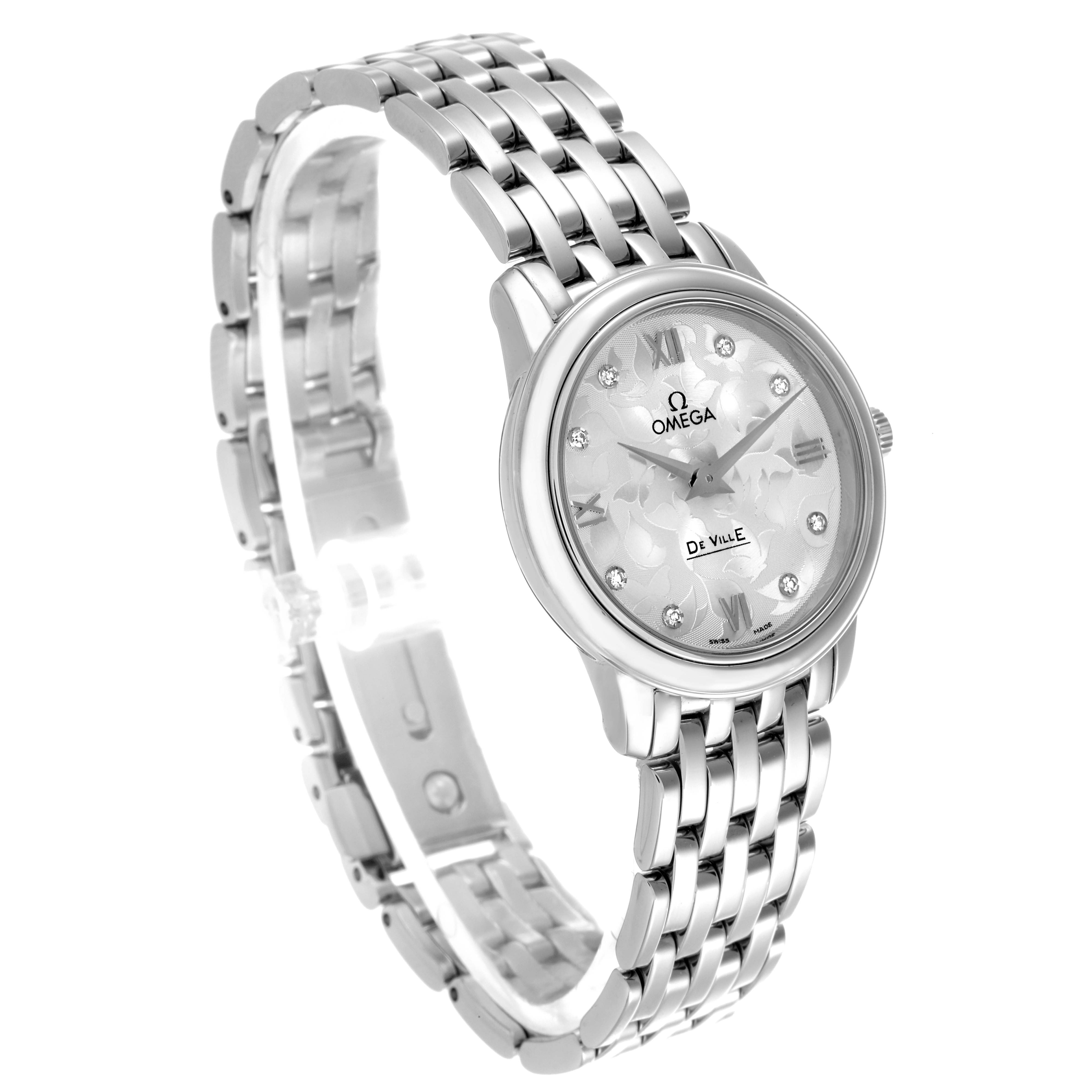 The Omega 4375.71.00 Women's Stainless Steel Silver Dial 4375.71.00 Women's Stainless Steel Silver Dial DeVille Prestige Butterfly Dial Steel Ladies Watch is shown at an angled top view, highlighting the face and bracelet.