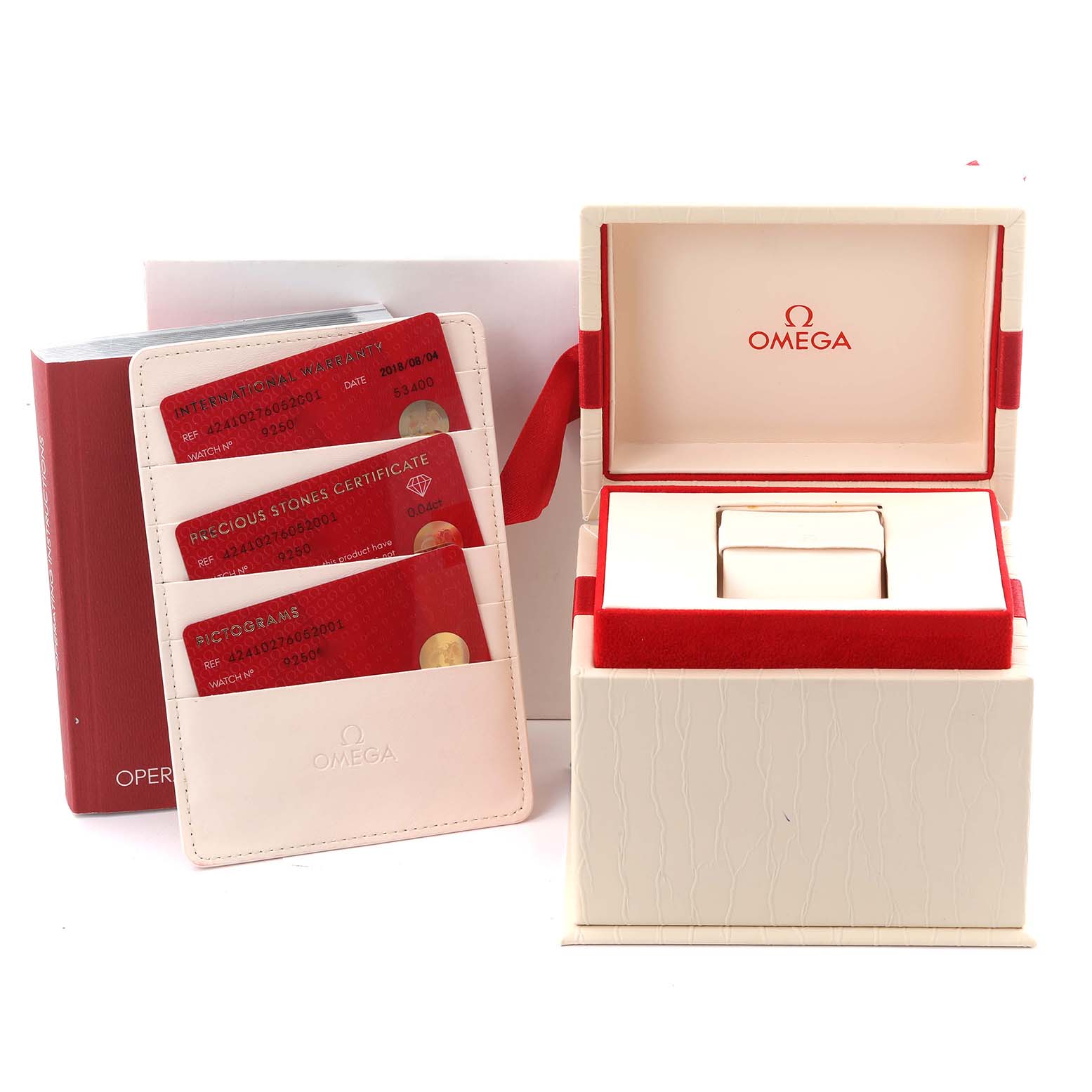 The image shows the box, warranty cards, and documents for the Omega 4375.71.00 Women's Stainless Steel Silver Dial 4375.71.00 Women's Stainless Steel Silver Dial DeVille Prestige Butterfly Dial Steel Ladies Watch 4375.71.00.