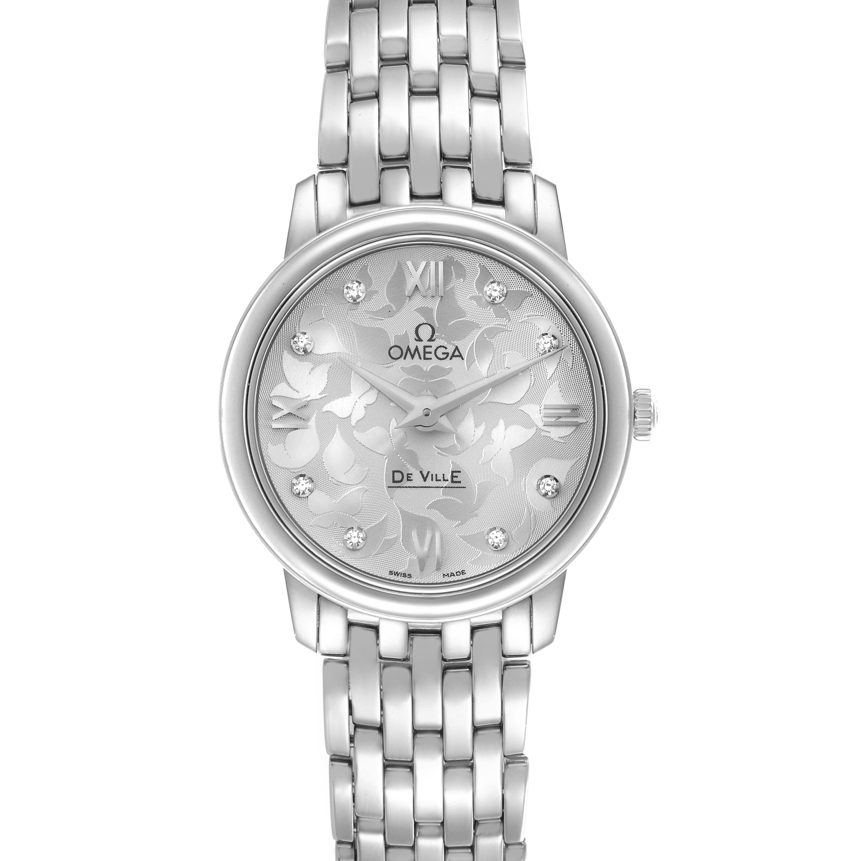 The Omega 4375.71.00 Women's Stainless Steel Silver Dial 4375.71.00 Women's Stainless Steel Silver Dial DeVille Prestige Butterfly Dial watch is shown from the front, displaying the full face and bracelet.