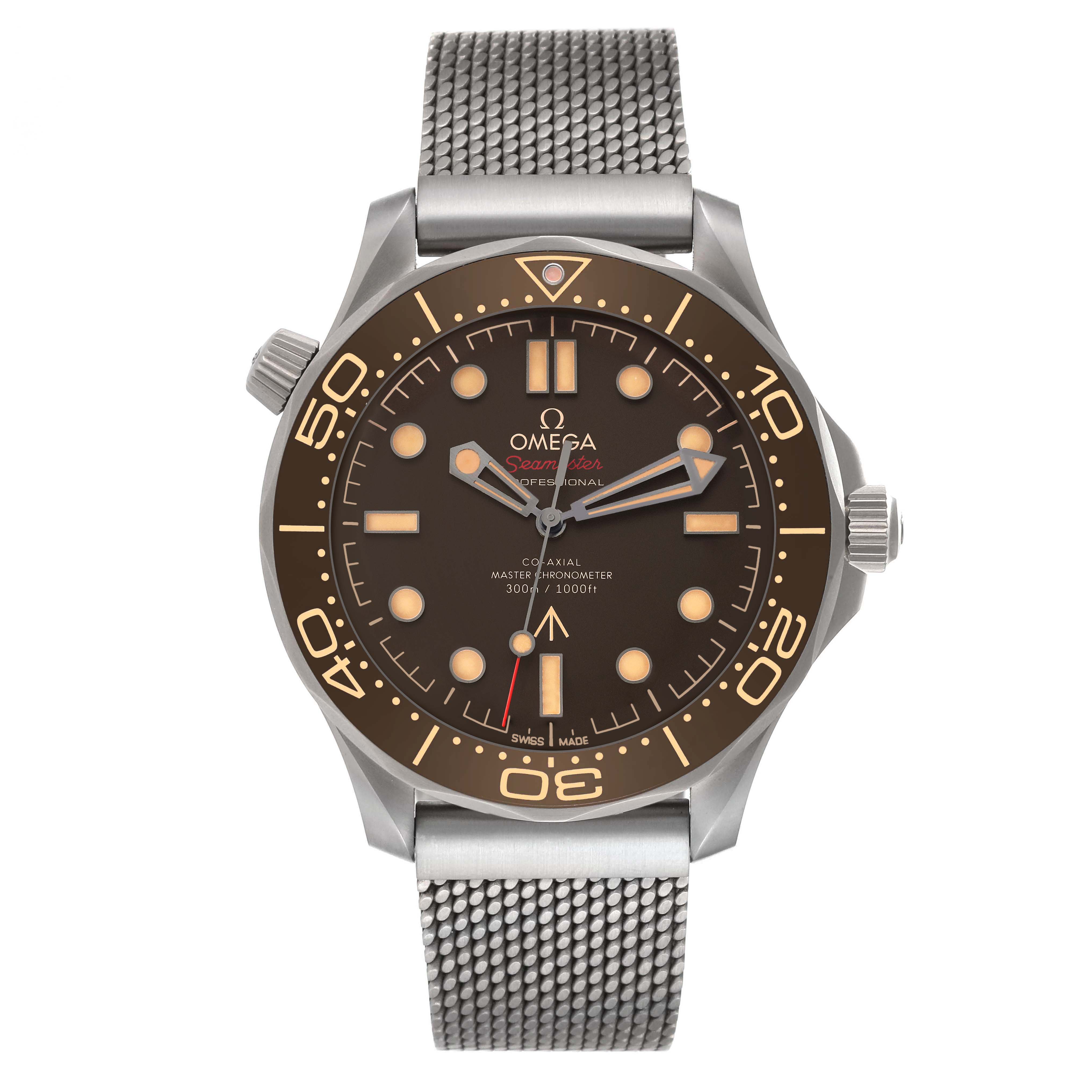 The Omega Seamaster 210.90.42.20.01.001 Men's Titanium Brown Dial 210.90.42.20.01.001 Men's Titanium Brown Dial watch is shown from the front, displaying its face, bezel, crown, and mesh bracelet.