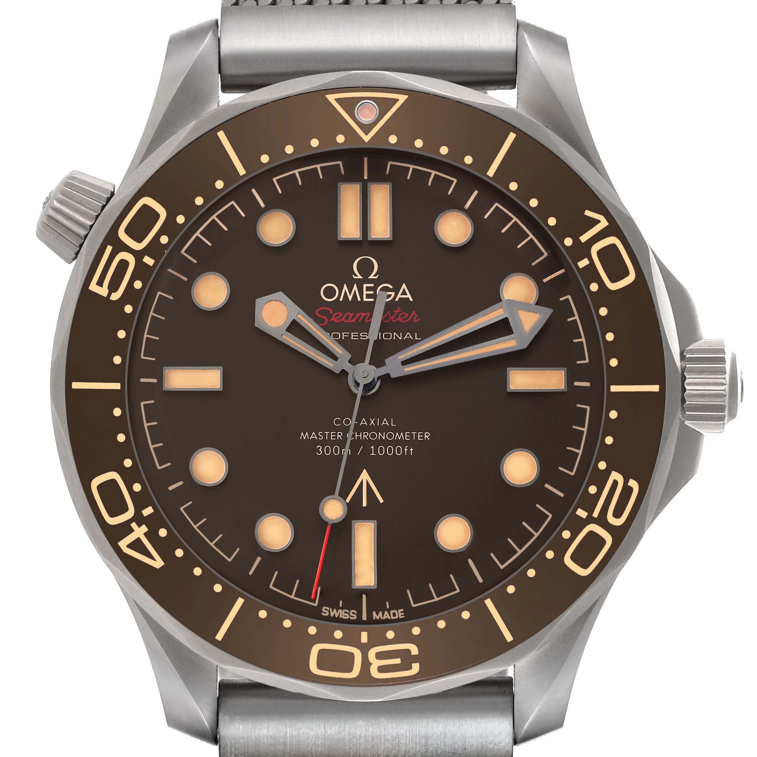 The image shows a frontal view of the Omega Seamaster 210.90.42.20.01.001 Men's Titanium Brown Dial 210.90.42.20.01.001 Men's Titanium Brown Dial dial, bezel, and partial bracelet.