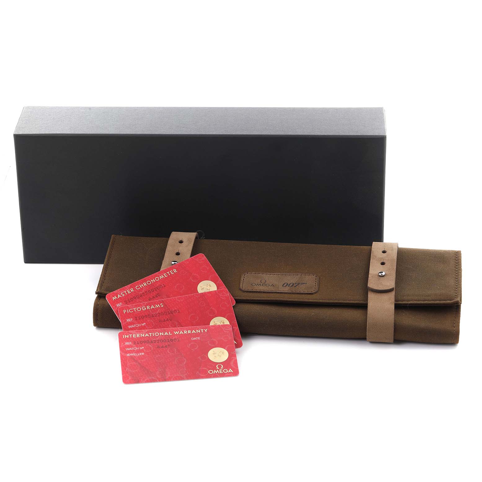 The image shows an Omega Seamaster 210.90.42.20.01.001 Men's Titanium Brown Dial 210.90.42.20.01.001 Men's Titanium Brown Dial watch pouch with a box and warranty cards, all viewed from a top angle.