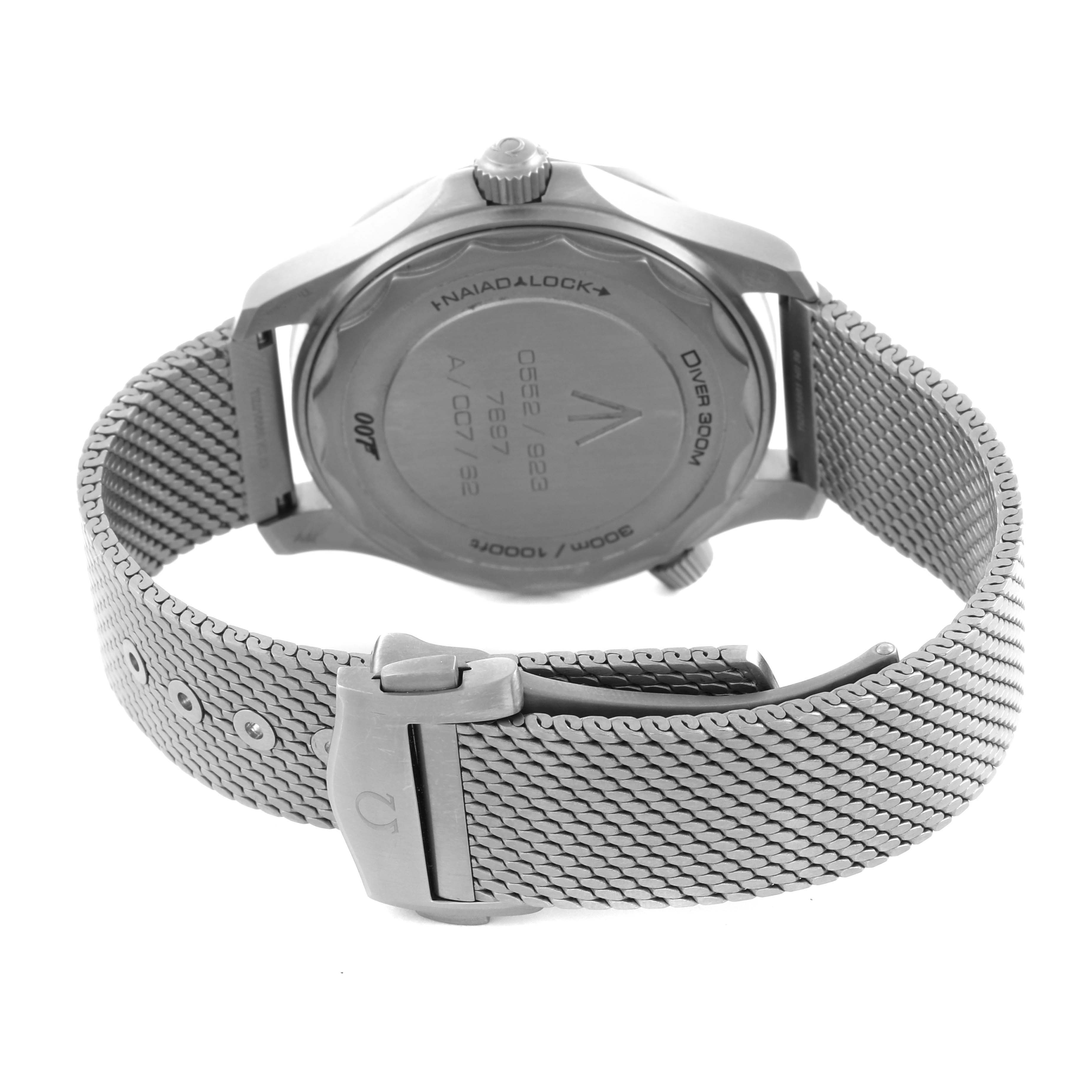 The image shows the back case and clasp of an Omega Seamaster 210.90.42.20.01.001 Men's Titanium Brown Dial 210.90.42.20.01.001 Men's Titanium Brown Dial watch, highlighting the bracelet and case details.