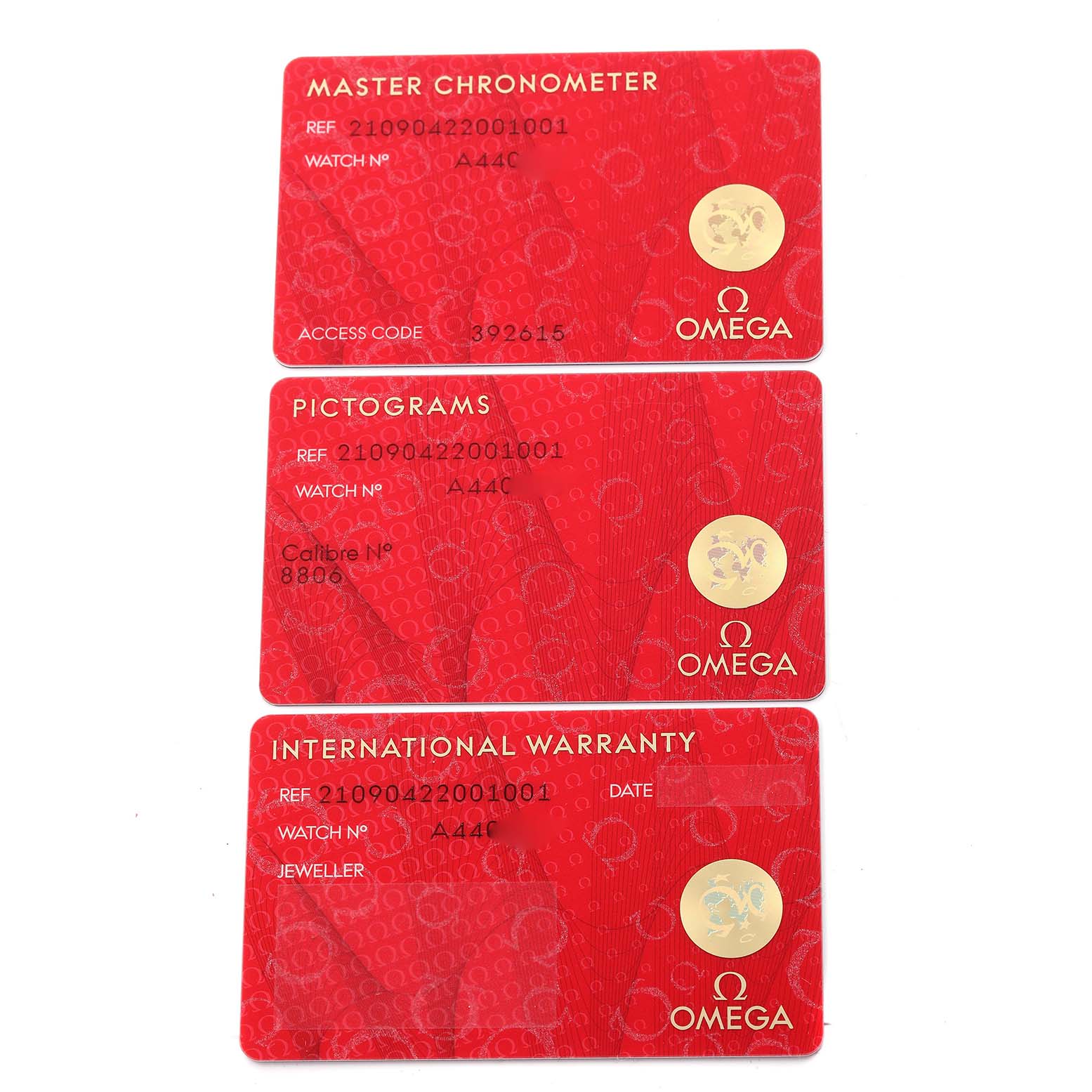 The image shows three Omega Seamaster 210.90.42.20.01.001 Men's Titanium Brown Dial 210.90.42.20.01.001 Men's Titanium Brown Dial watch cards: Master Chronometer, Pictograms, and International Warranty, from a top-down angle.