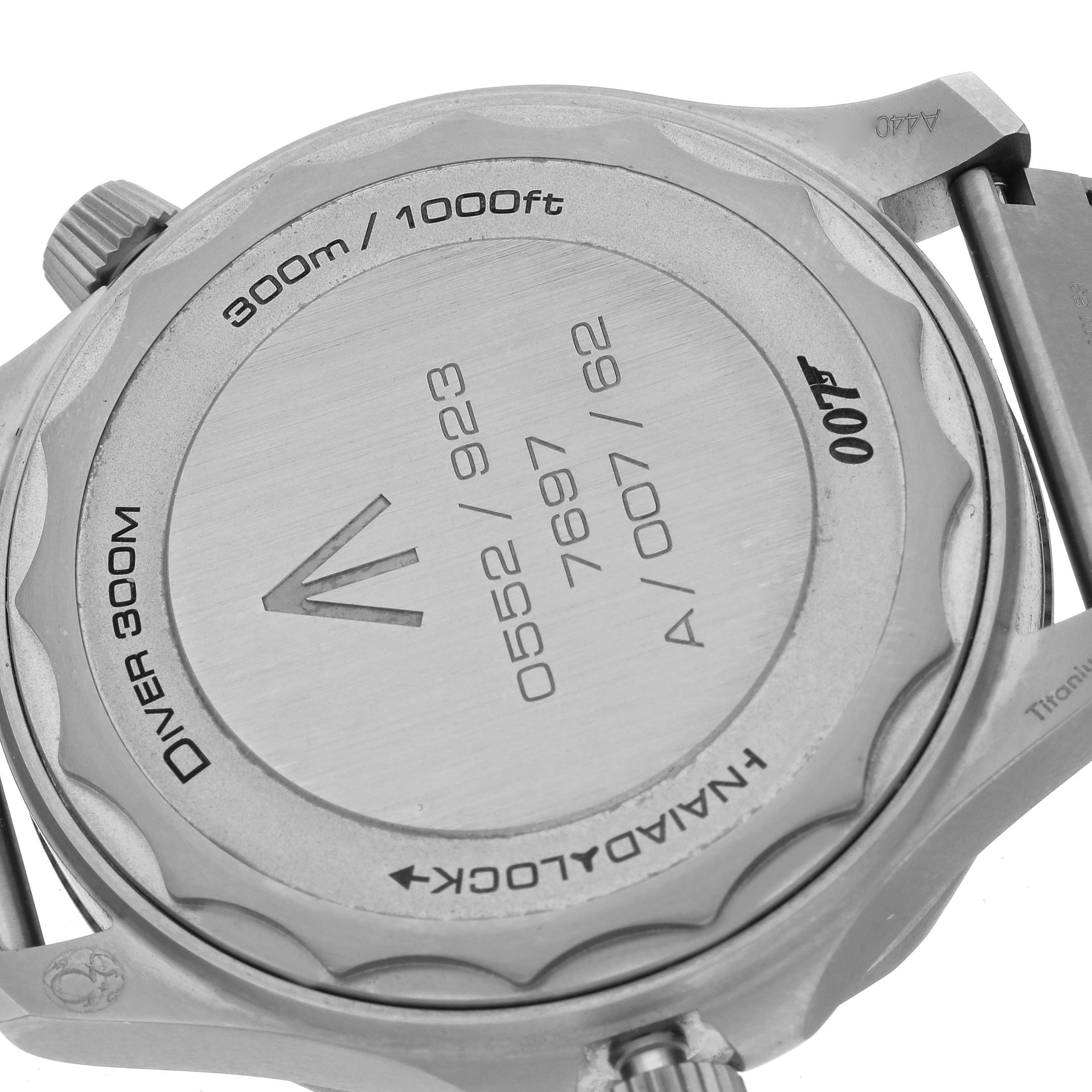 The image shows the case back of an Omega Seamaster 210.90.42.20.01.001 Men's Titanium Brown Dial 210.90.42.20.01.001 Men's Titanium Brown Dial watch, highlighting engraved details and water resistance.